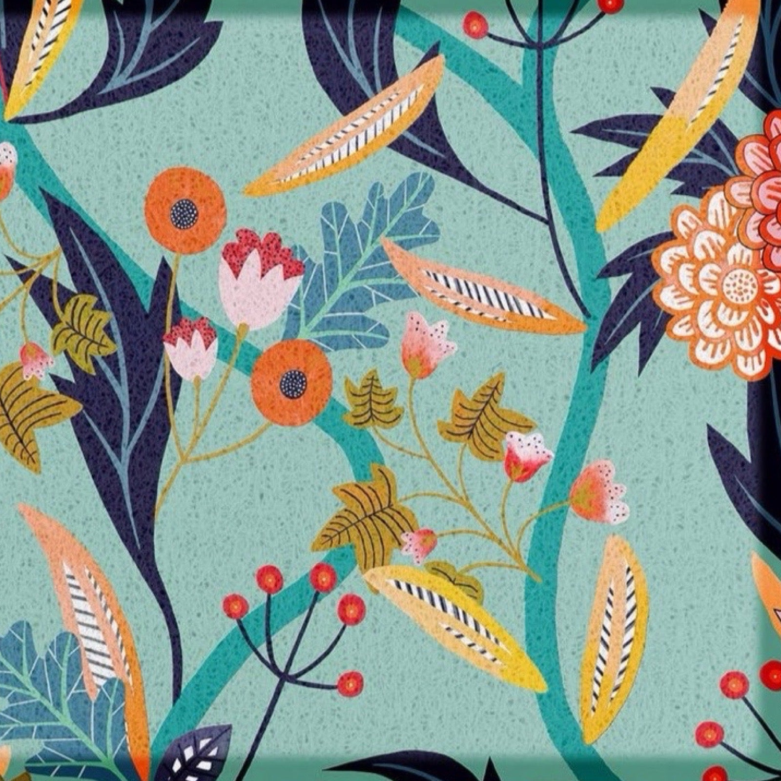 A close-up of a botanical patterned fabric or wallpaper featuring stylised flowers, leaves, and stems in orange, yellow, pink, teal, and navy on a light aqua background.