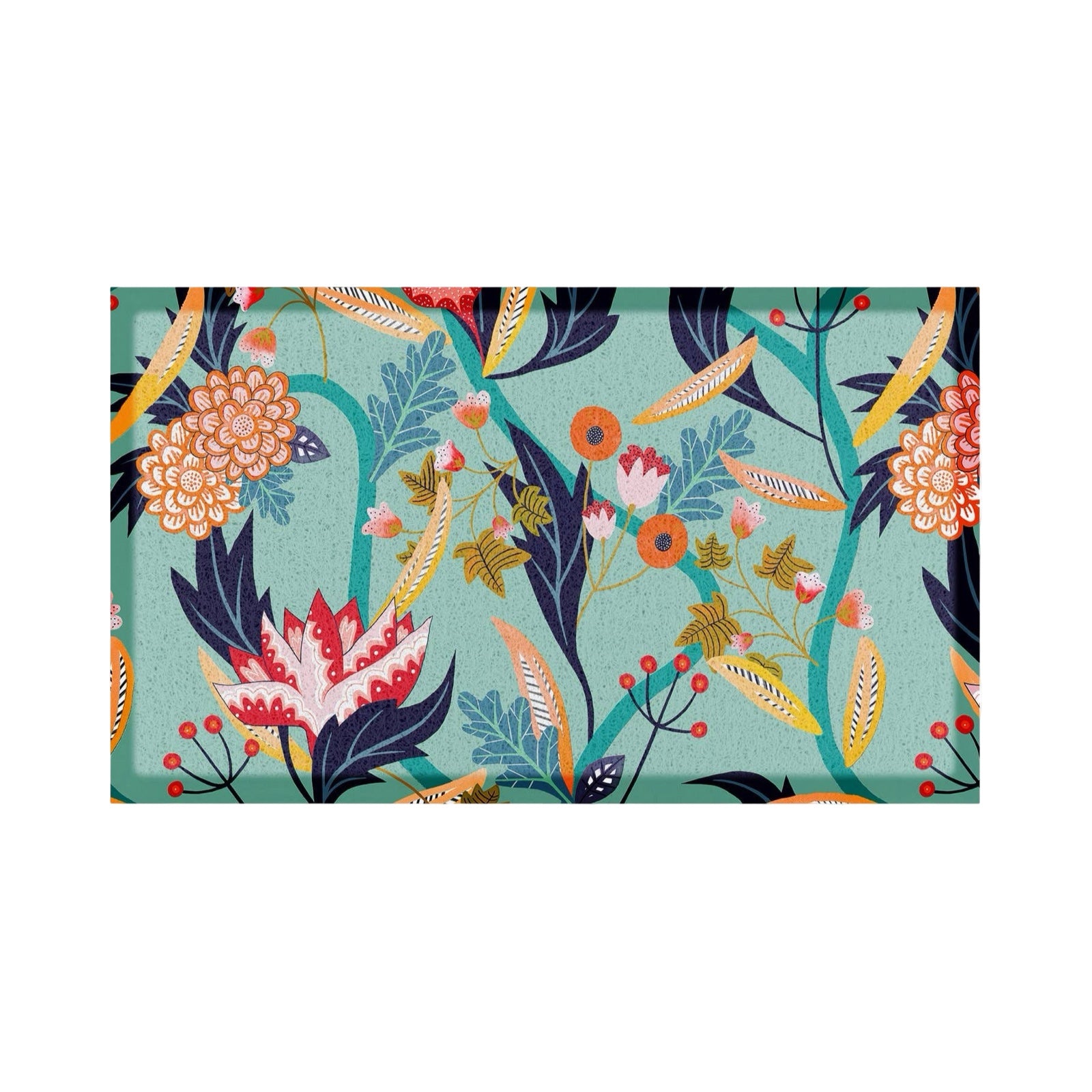 A rectangular doormat with a colourful botanical pattern featuring stylised flowers, leaves, and berries on a mint green background, shown against a plain white backdrop.