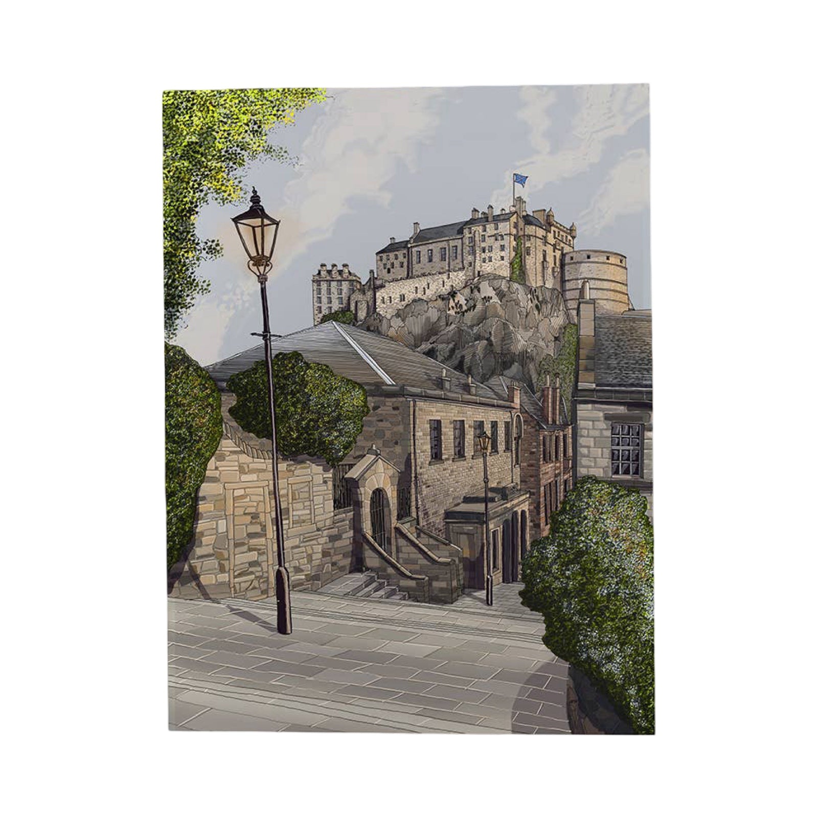 Illustration of a castle on a hill with a streetlamp and building in the foreground.