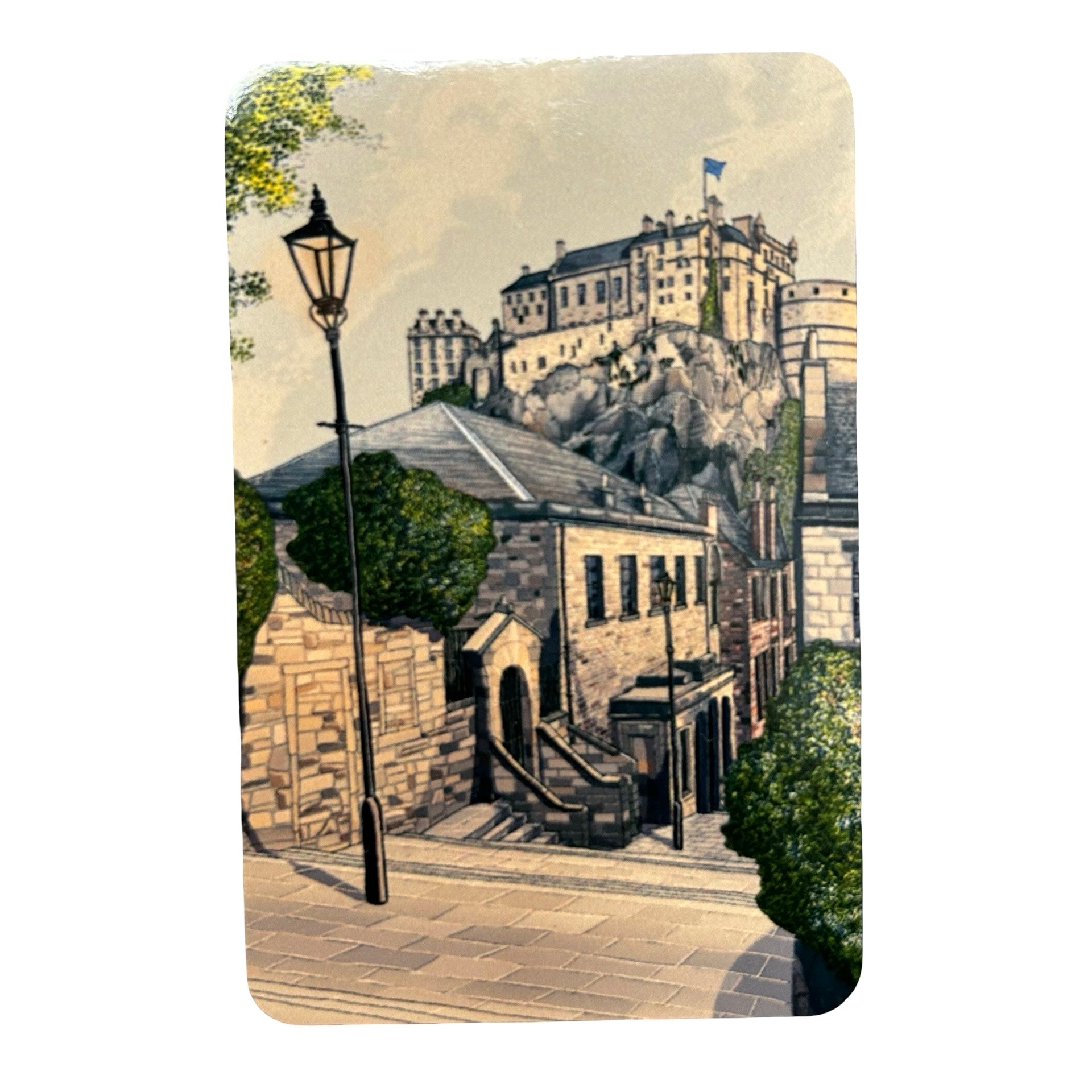 Vintage-style illustration of a street scene with buildings and a castle.