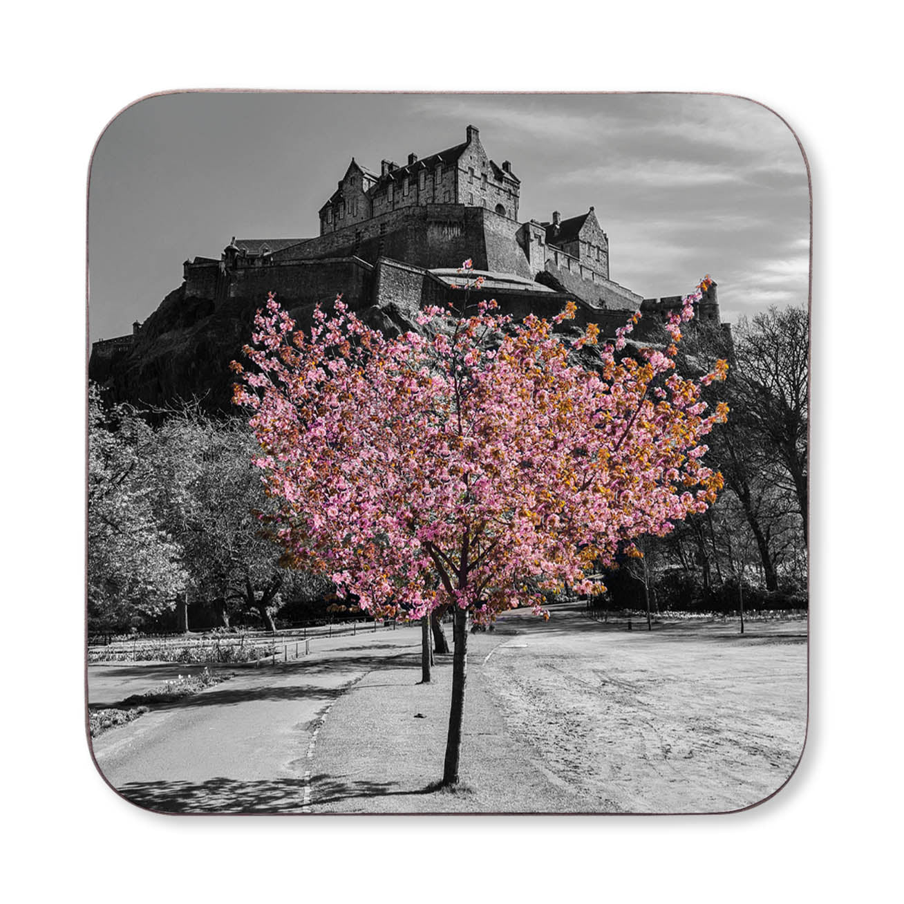 Coaster with a black and white castle and pink tree design