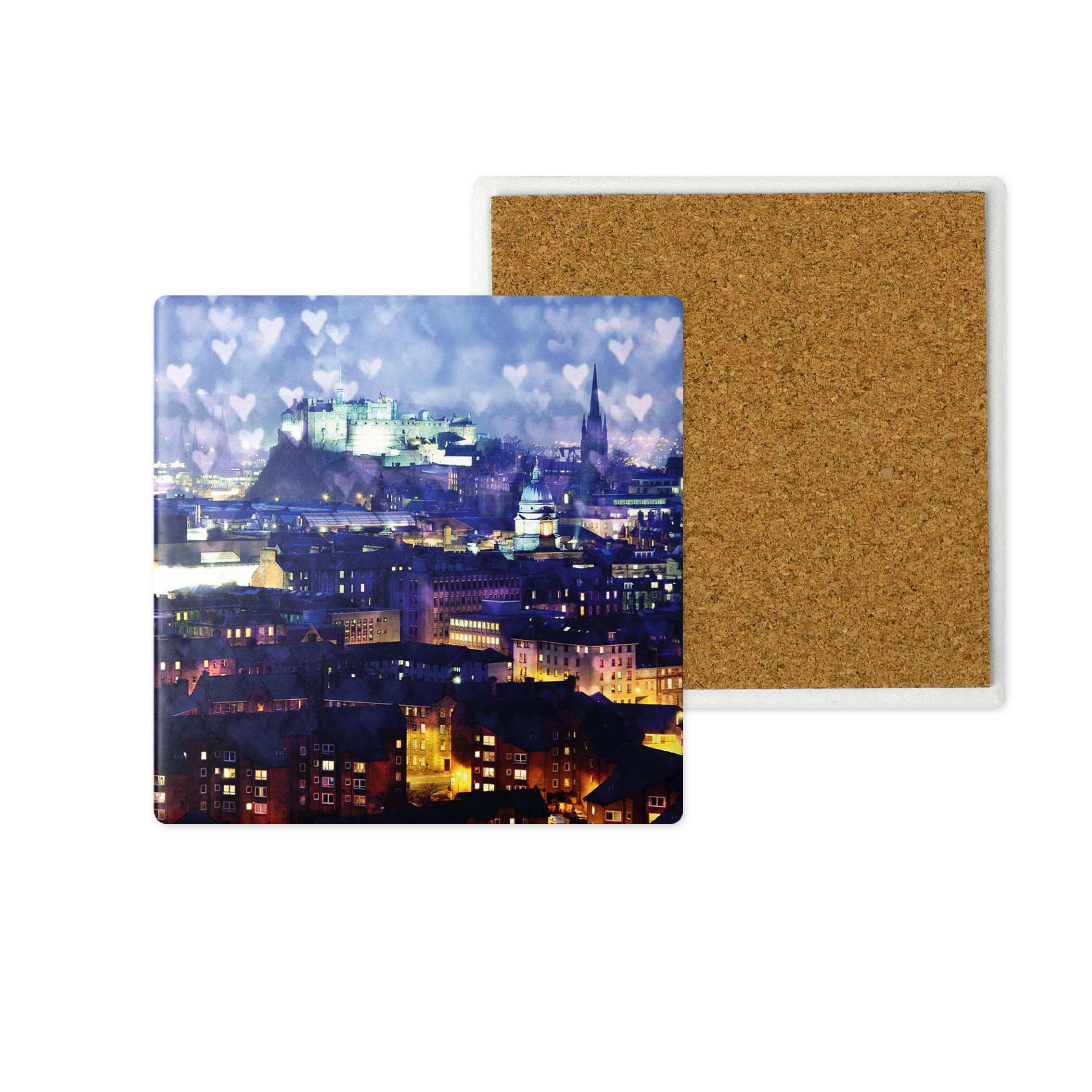 An image of Edinburgh Castle with love hearts in the sky on a ceramic coaster. 