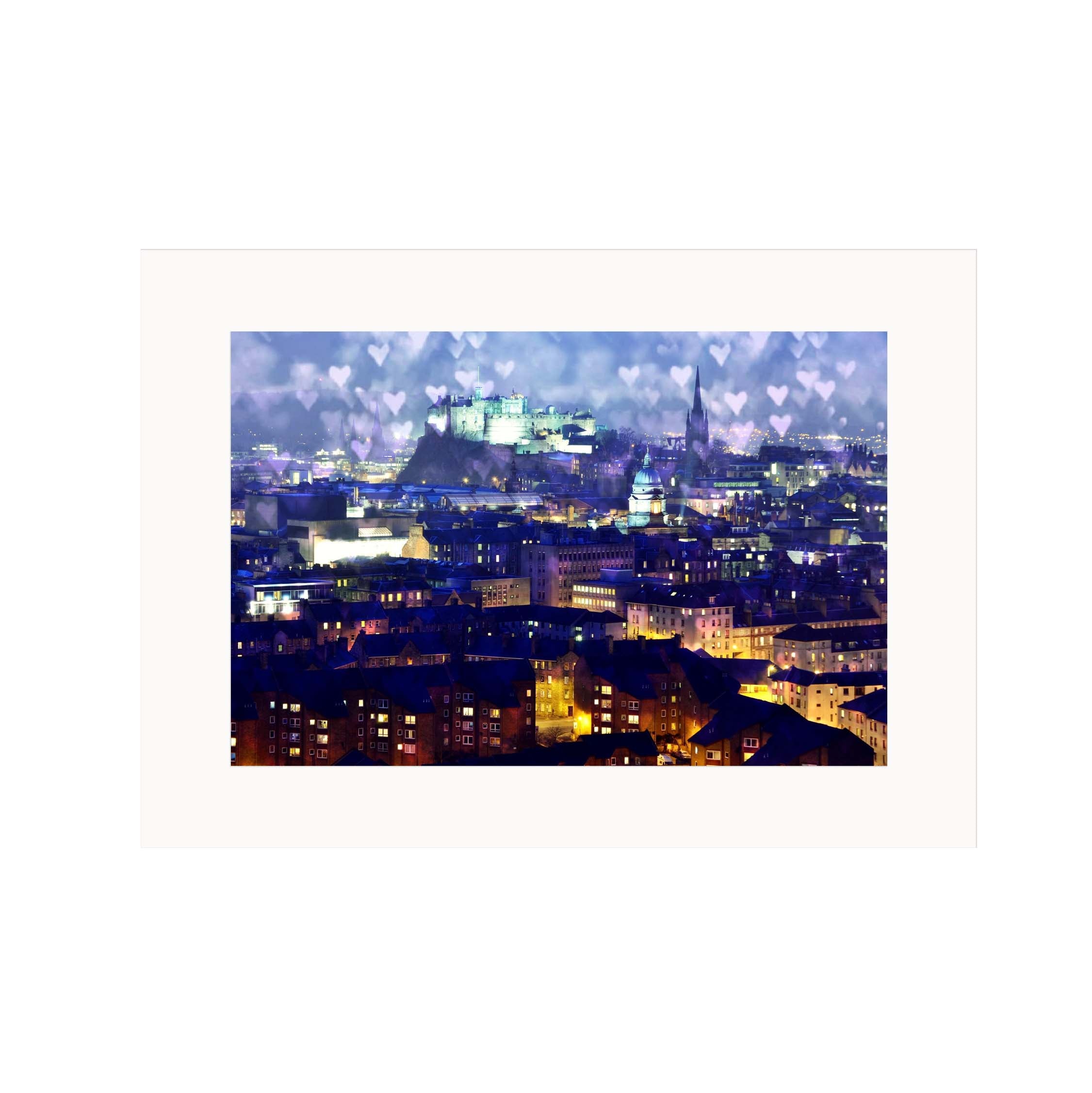 Cityscape at night with illuminated buildings and Edinburgh Castle with love hearts in the sky.