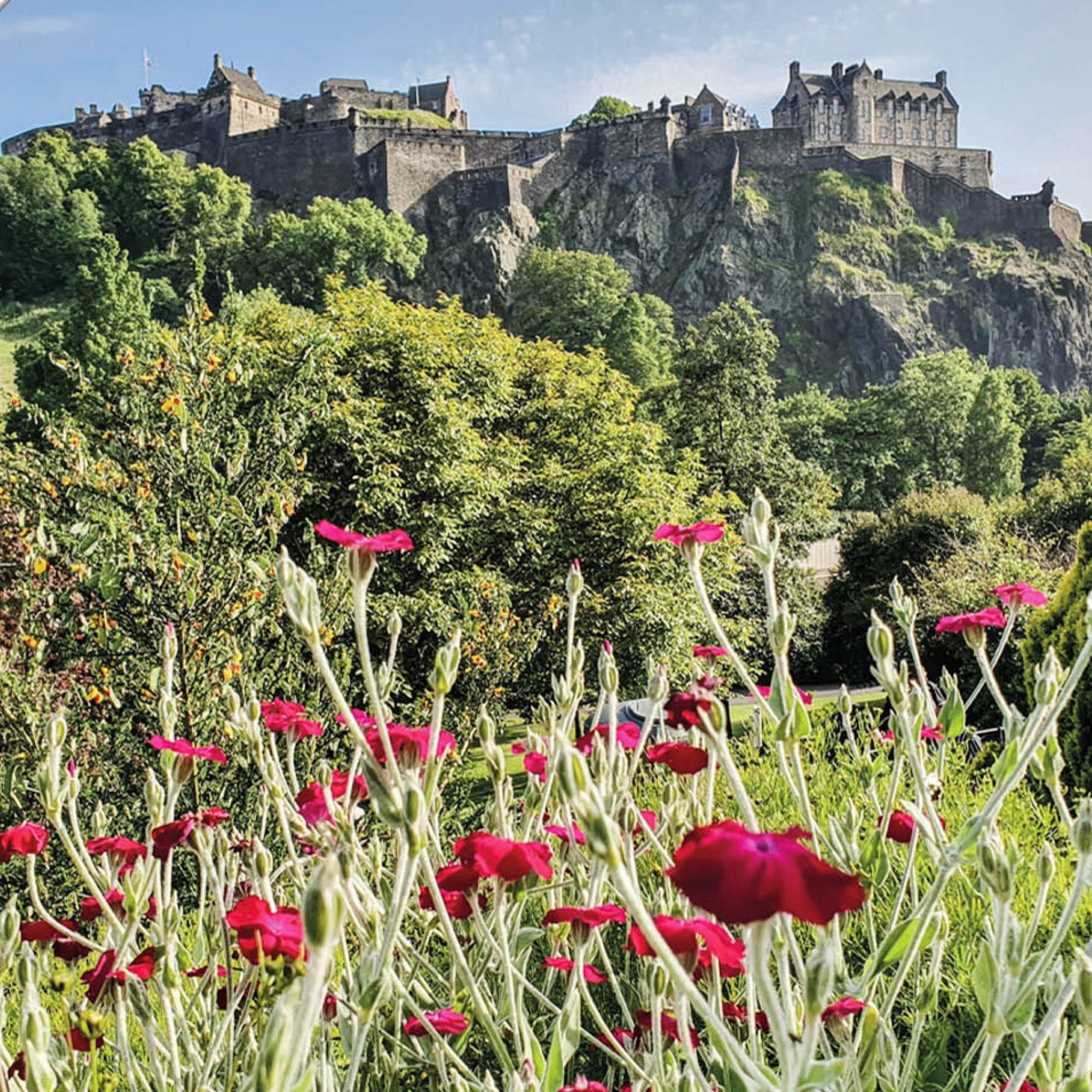 A square, high gloss wooden coaster featuring an image of Edinburgh Castle with red flowers in the foreground.