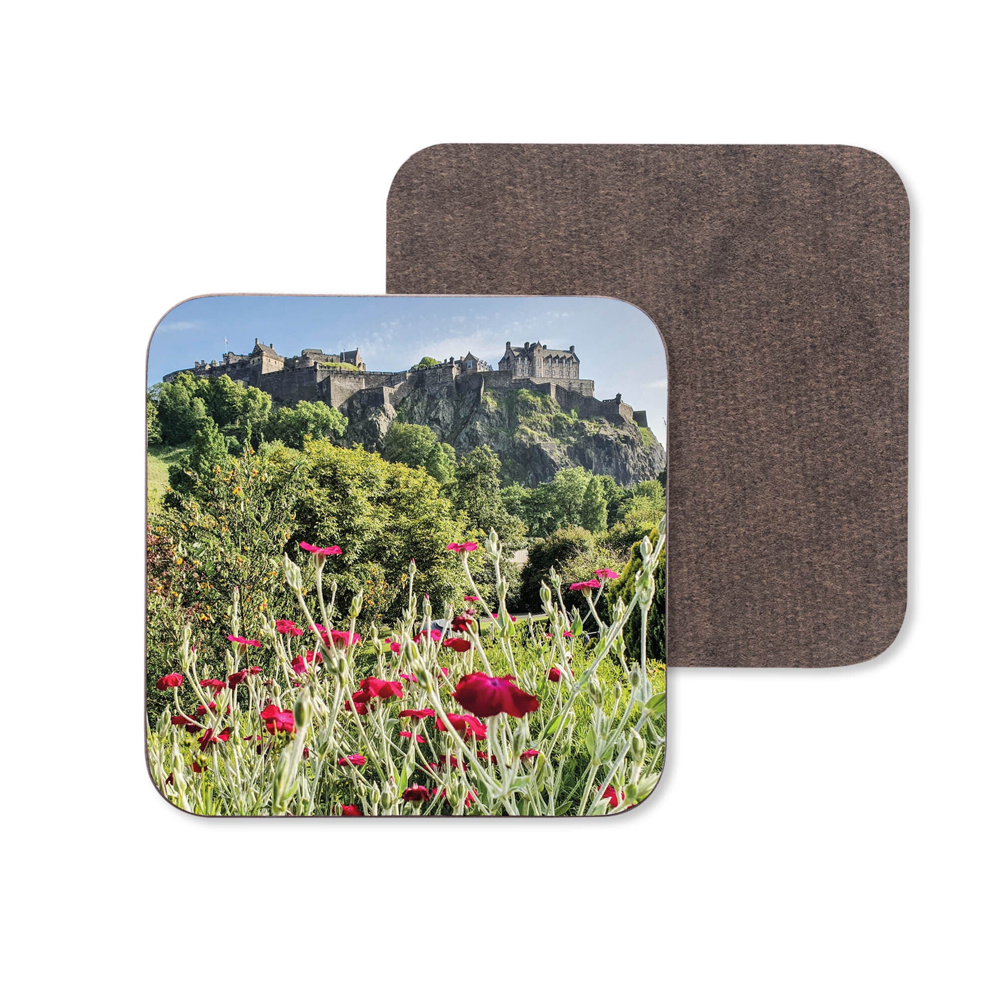 A square, high gloss wooden coaster featuring an image of Edinburgh Castle with red flowers in the foreground.