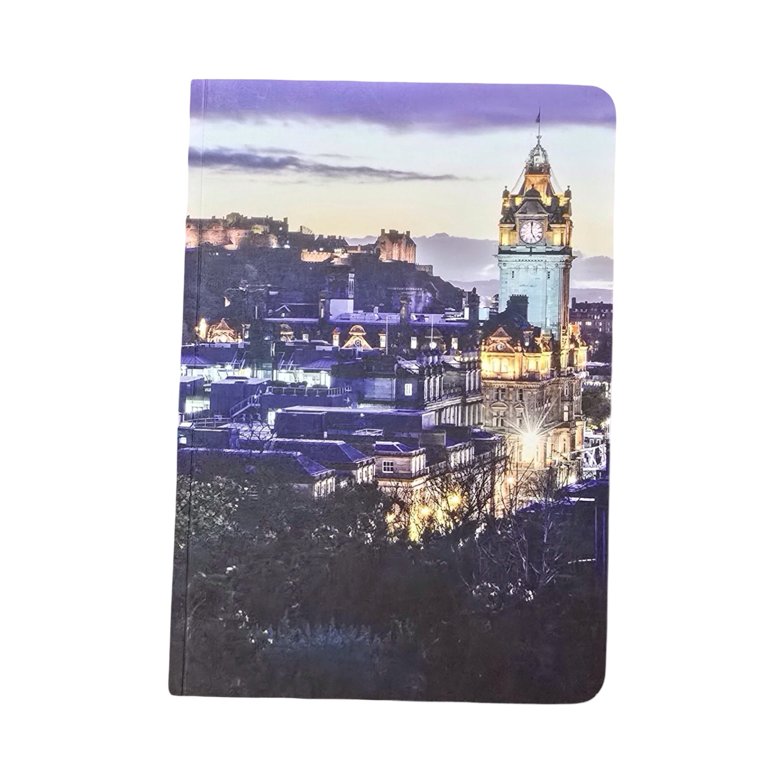 Notebook with a cityscape design featuring a clock tower on the cover