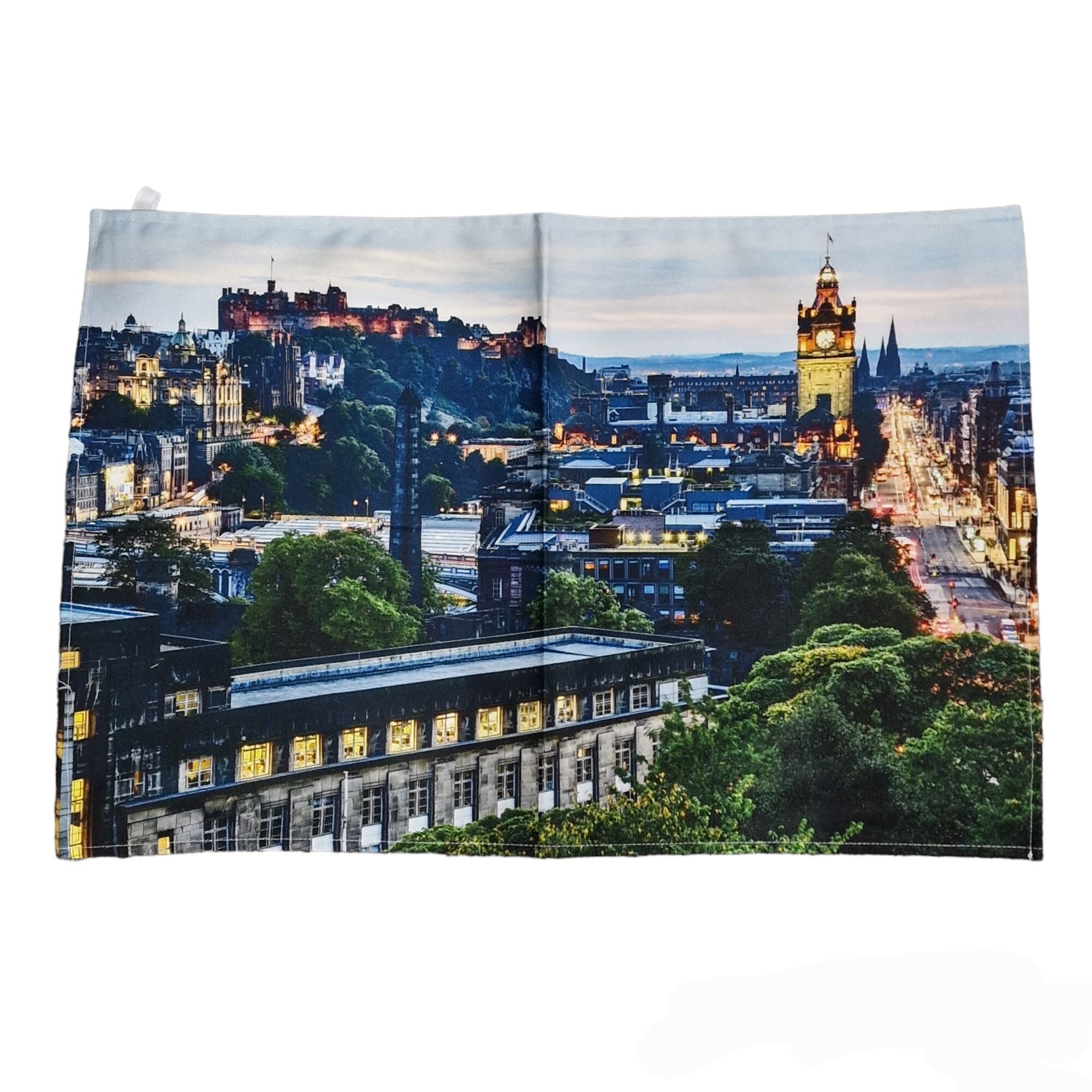 An image of the Edinburgh Skyline including Edinburgh Castle printed on a tea towel. 