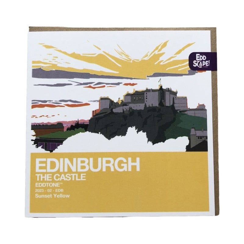 Square card featuring an illustration of Edinburgh Castle