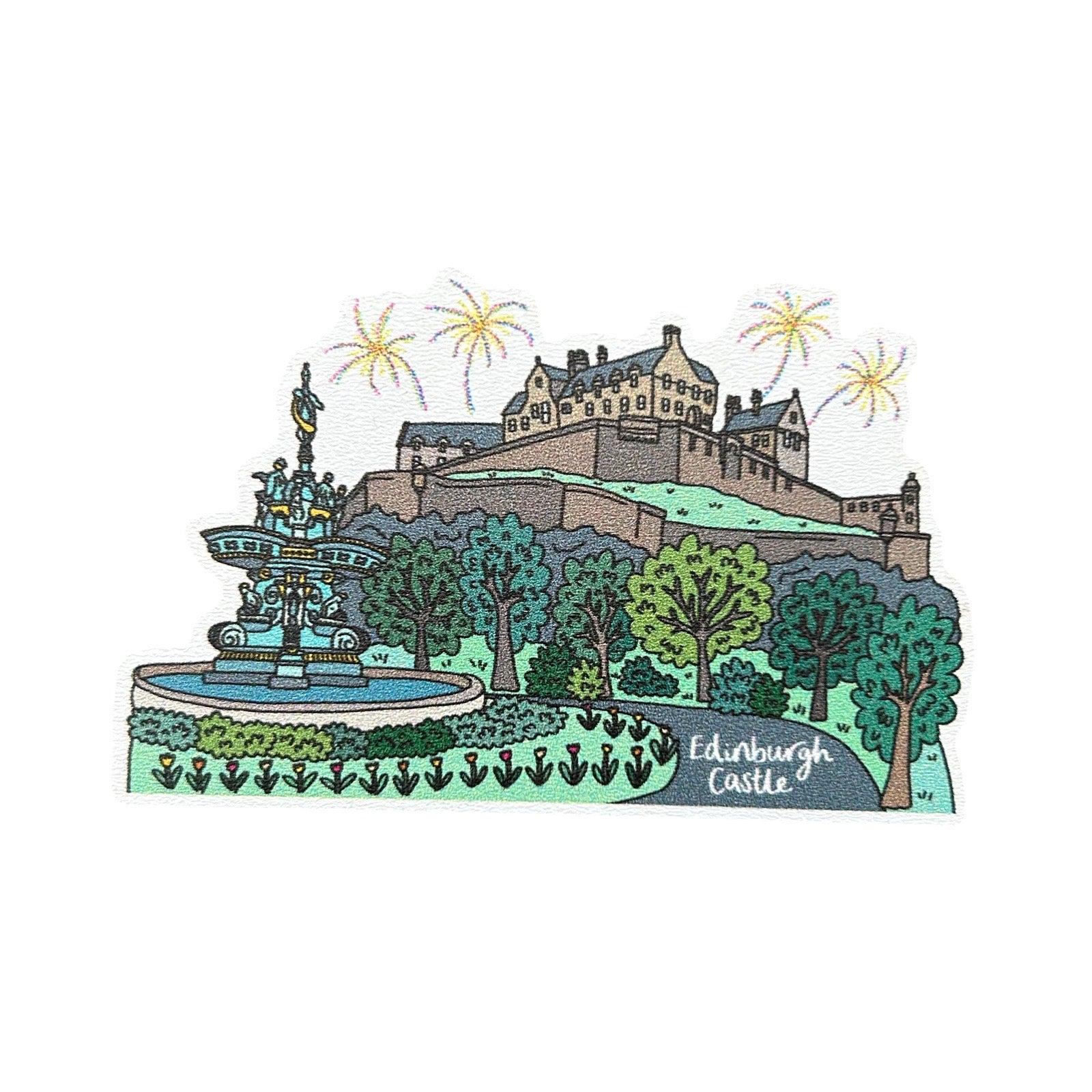 Illustration of Edinburgh Castle with a fountain and trees on a white background.