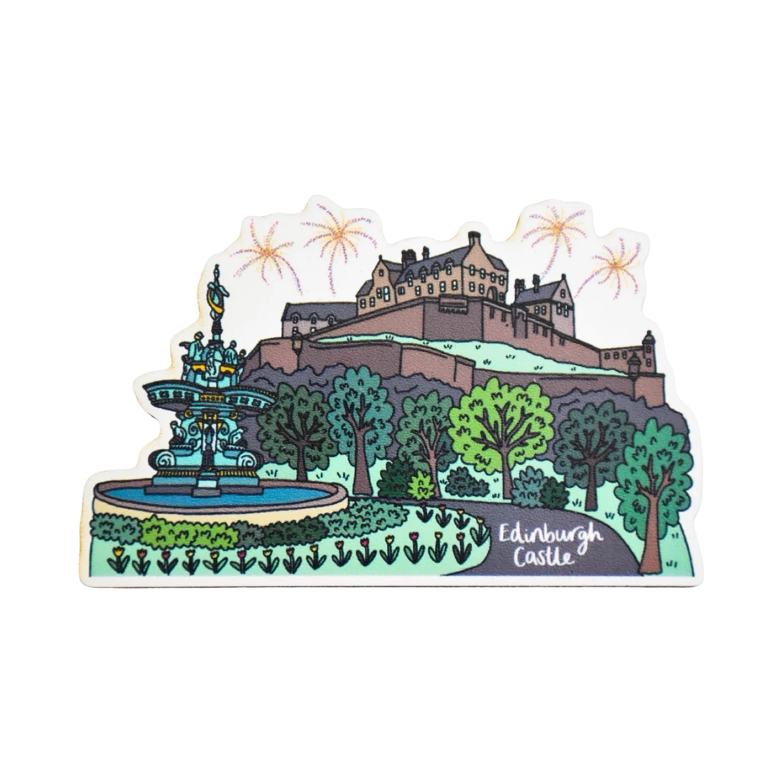 Illustration of Edinburgh Castle with a fountain and trees on a white background.