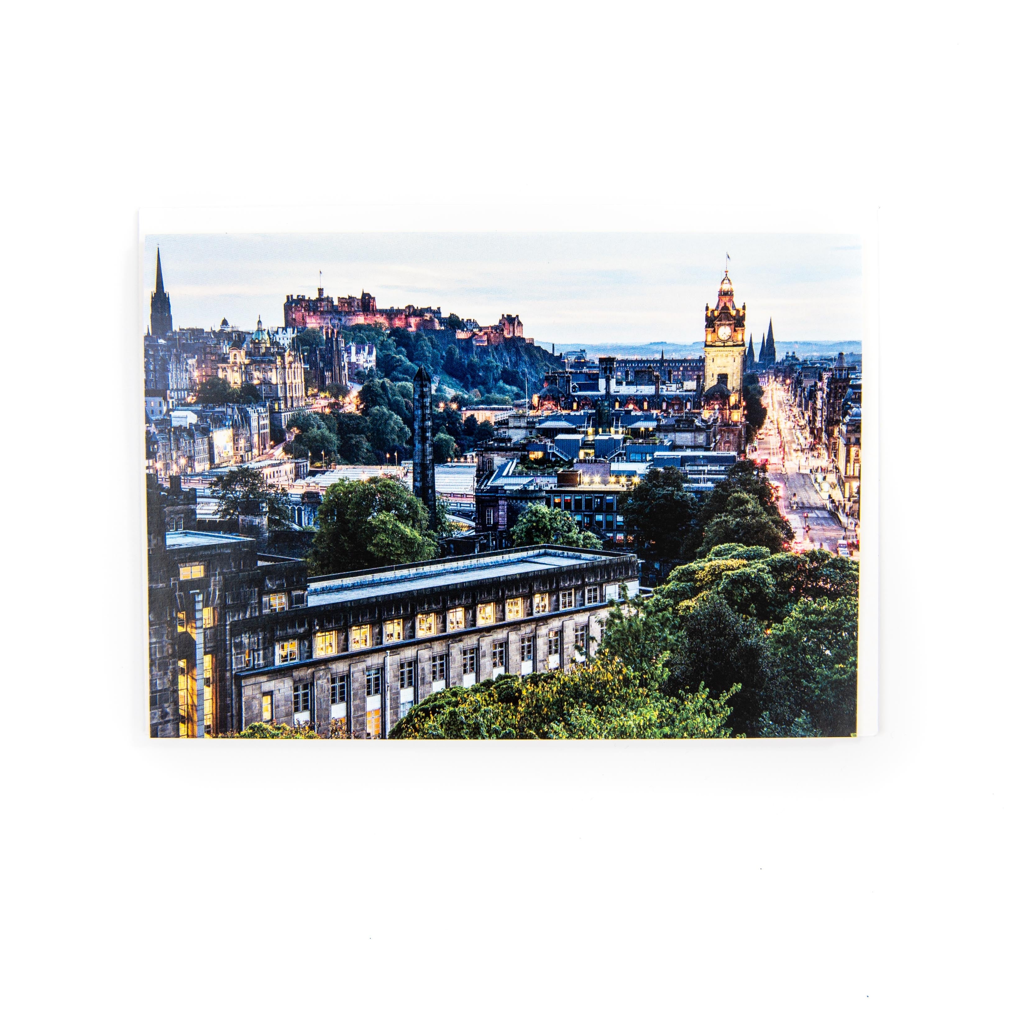 A greeting card featuring a photograph of the Edinburgh skyline from Calton Hill, with a blank interior and a white envelope.