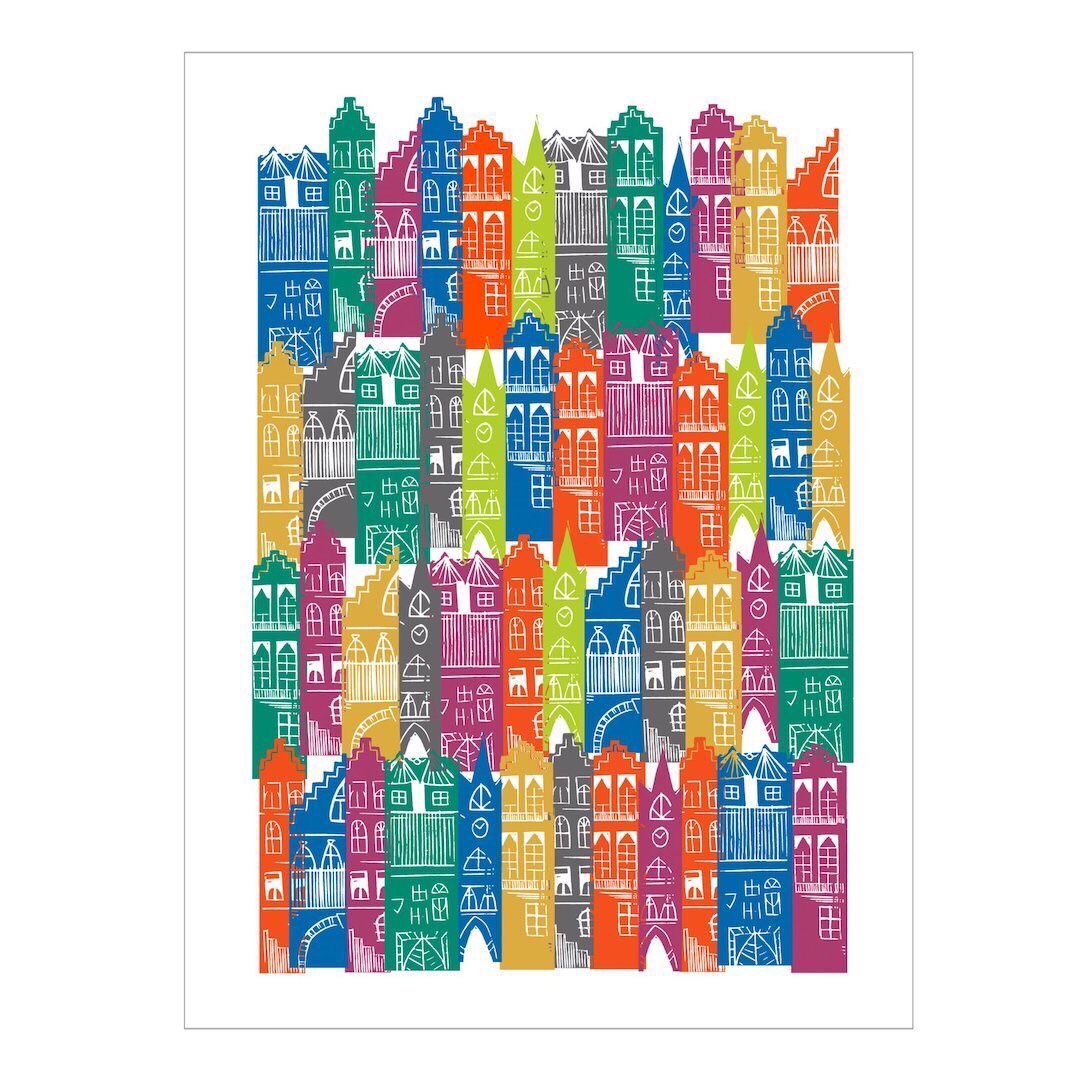 A print featuring an illustration of Edinburgh's cityscape of tenements in a rainbow of colours.