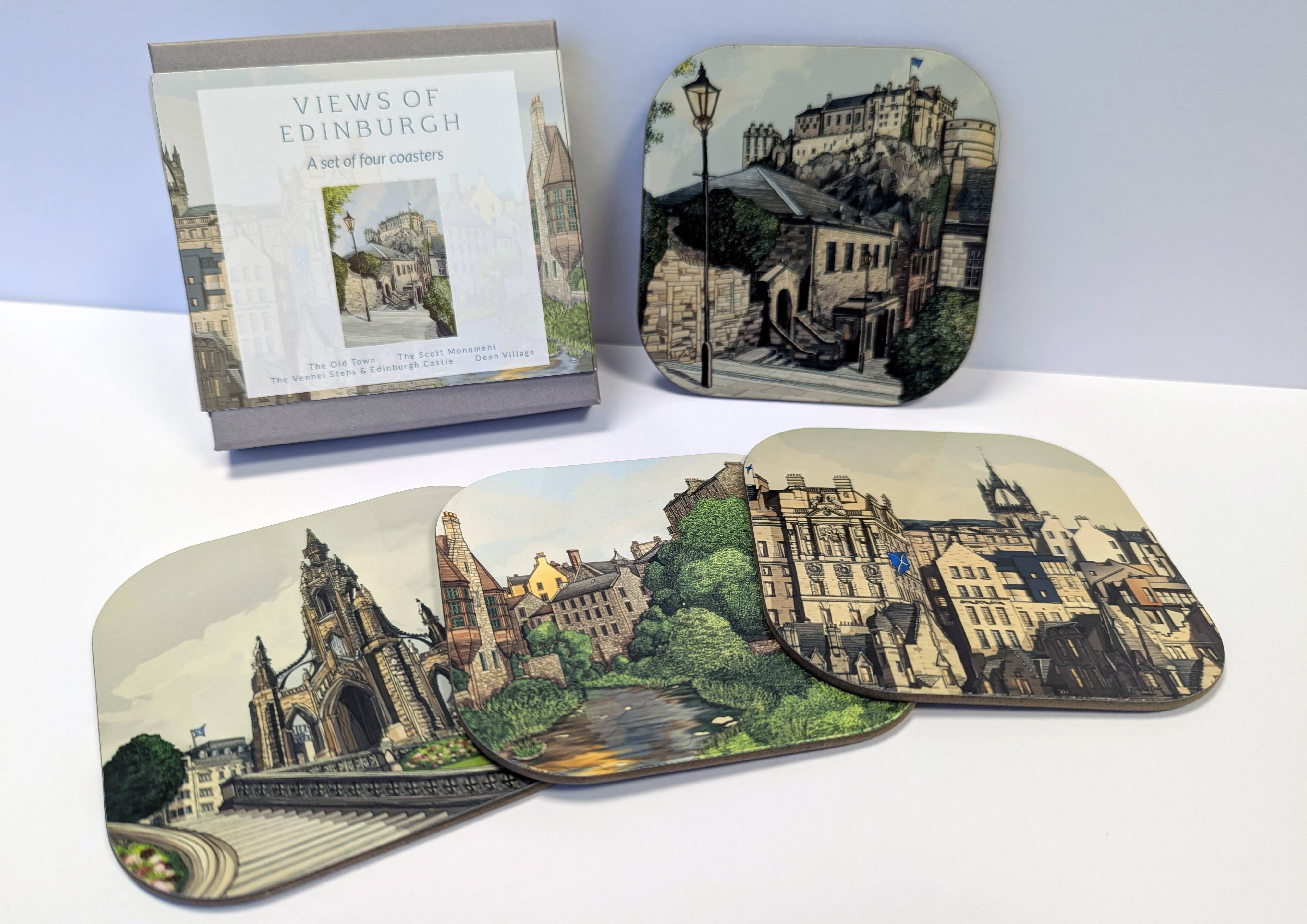 Set of coasters with Edinburgh illustrations and a box titled 'Views of Edinburgh'.