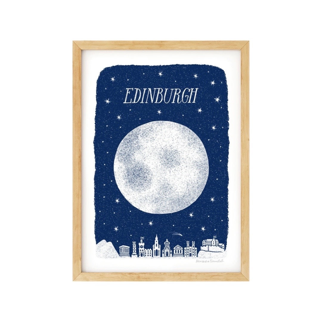 Print of the Edinburgh skyline in white with a giant white moon above, all on a navy blue background with a white border.