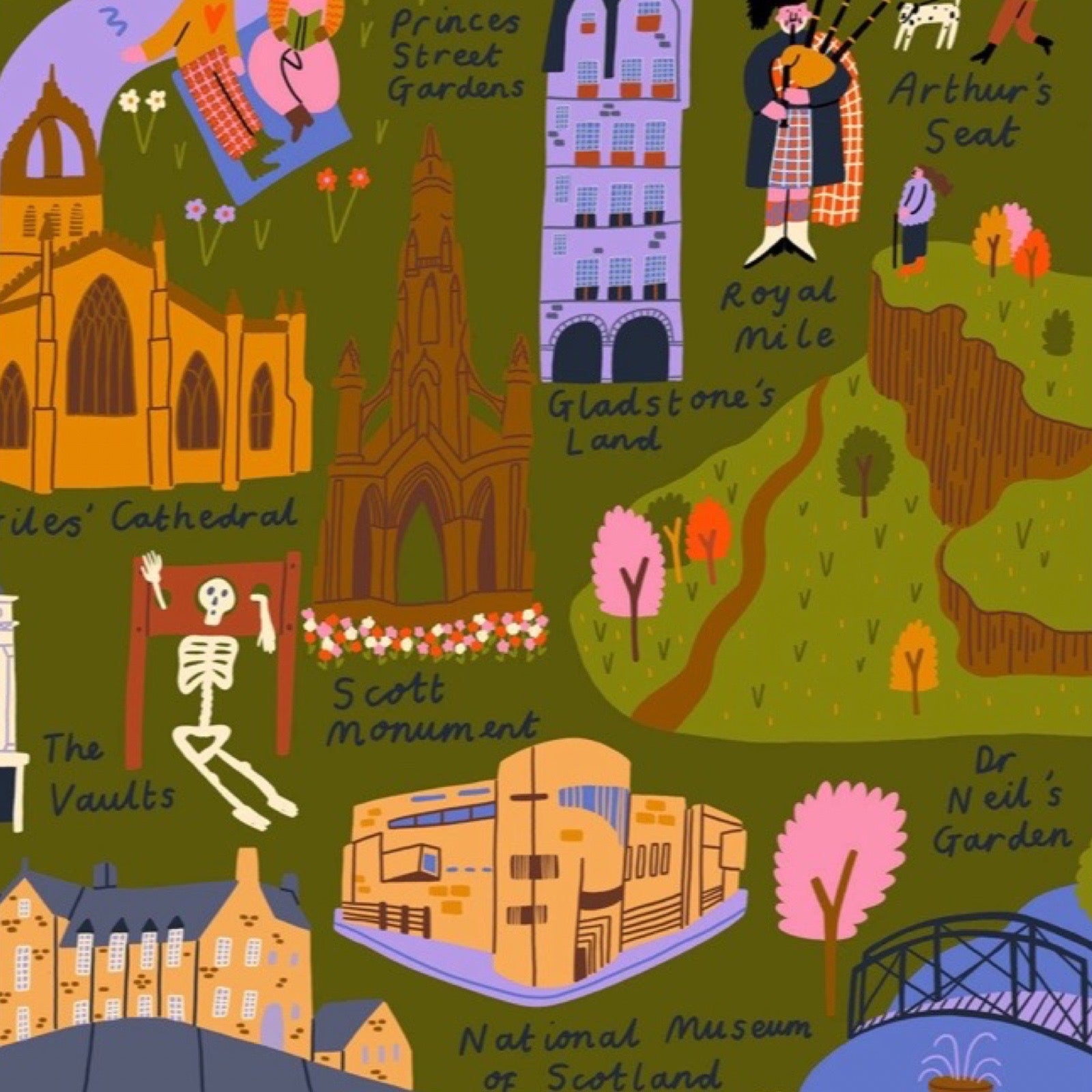 A colourful illustrated map-style design featuring landmarks and scenes from Scotland, including Princes Street Gardens, Arthur's Seat, Royal Mile, Gladstone's Land, The Vaults, Scott Monument, National Museum of Scotland, and Dr. Neil's Garden, with hand-drawn figures and landscape elements on an olive green background.