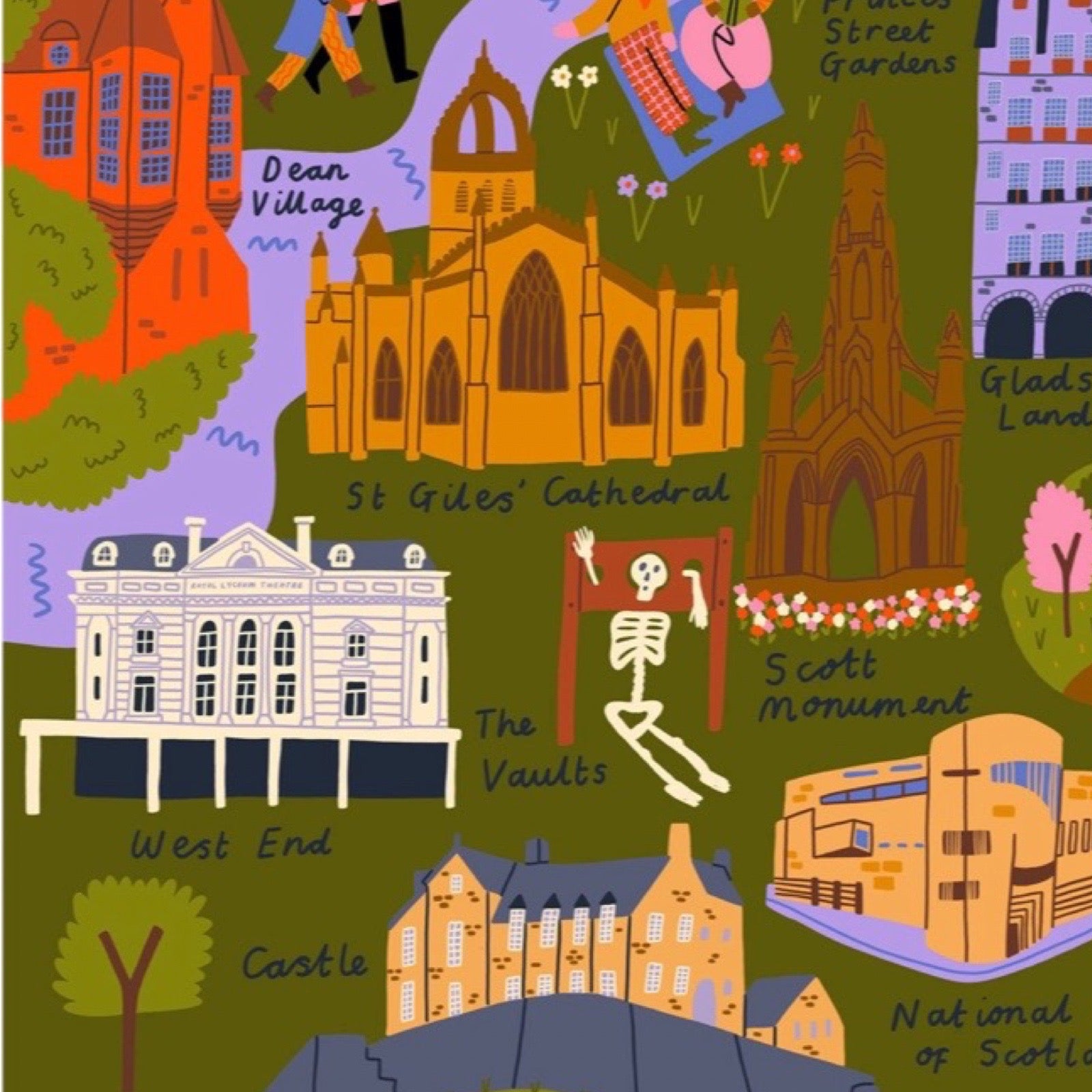 A colourful illustrated cityscape map with labeled landmarks including St Giles' Cathedral, West End, Castle, National of Scotland, Scott Monument, and others, shown on a green background.