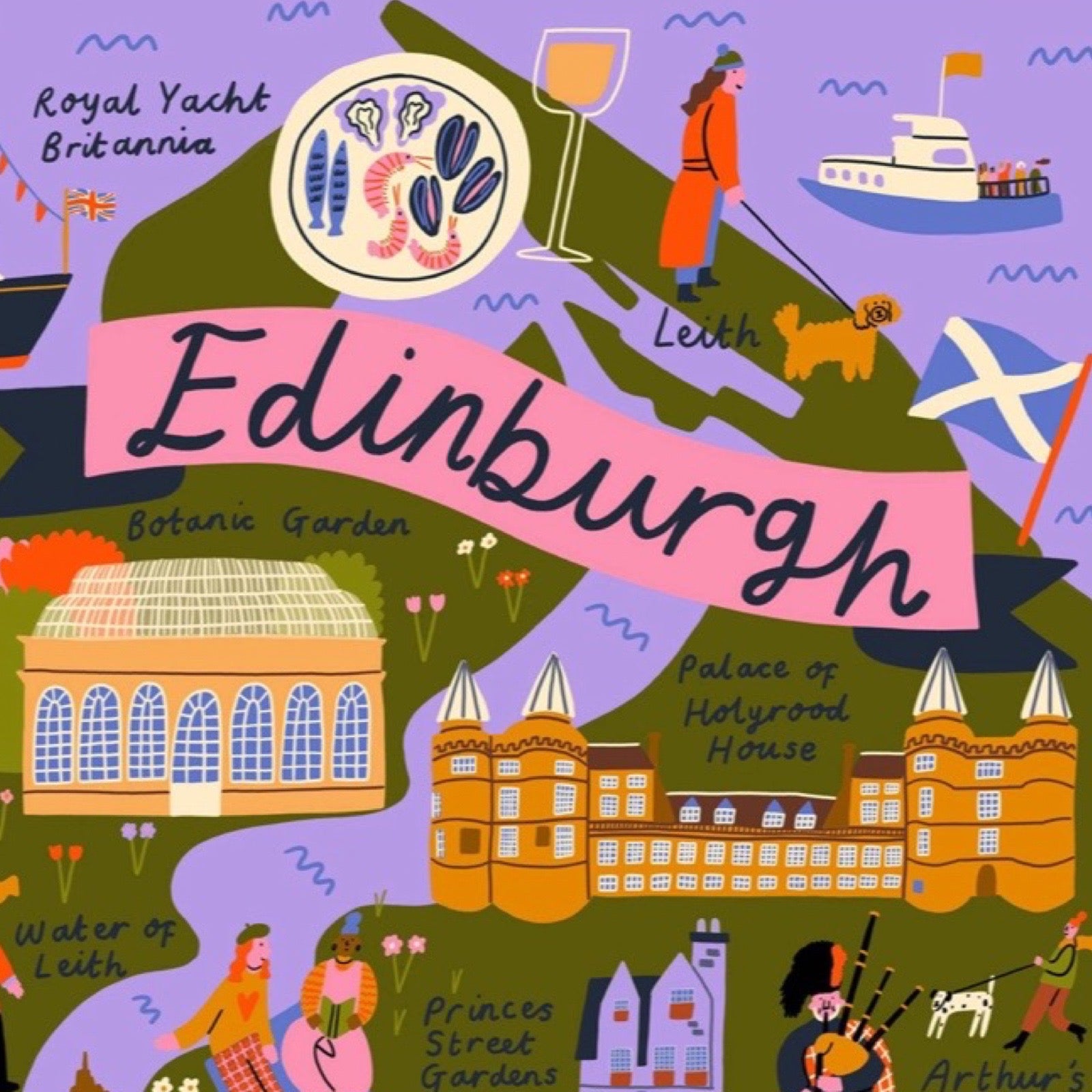 A colorful illustrated map-style poster of Edinburgh, with labeled landmarks and cultural icons including Royal Yacht Britannia, Leith, Botanic Garden, Palace of Holyrood House, Water of Leith, Princes Street Gardens, Arthur's, and the Edinburgh skyline. The word Edinburgh appears across a pink banner.