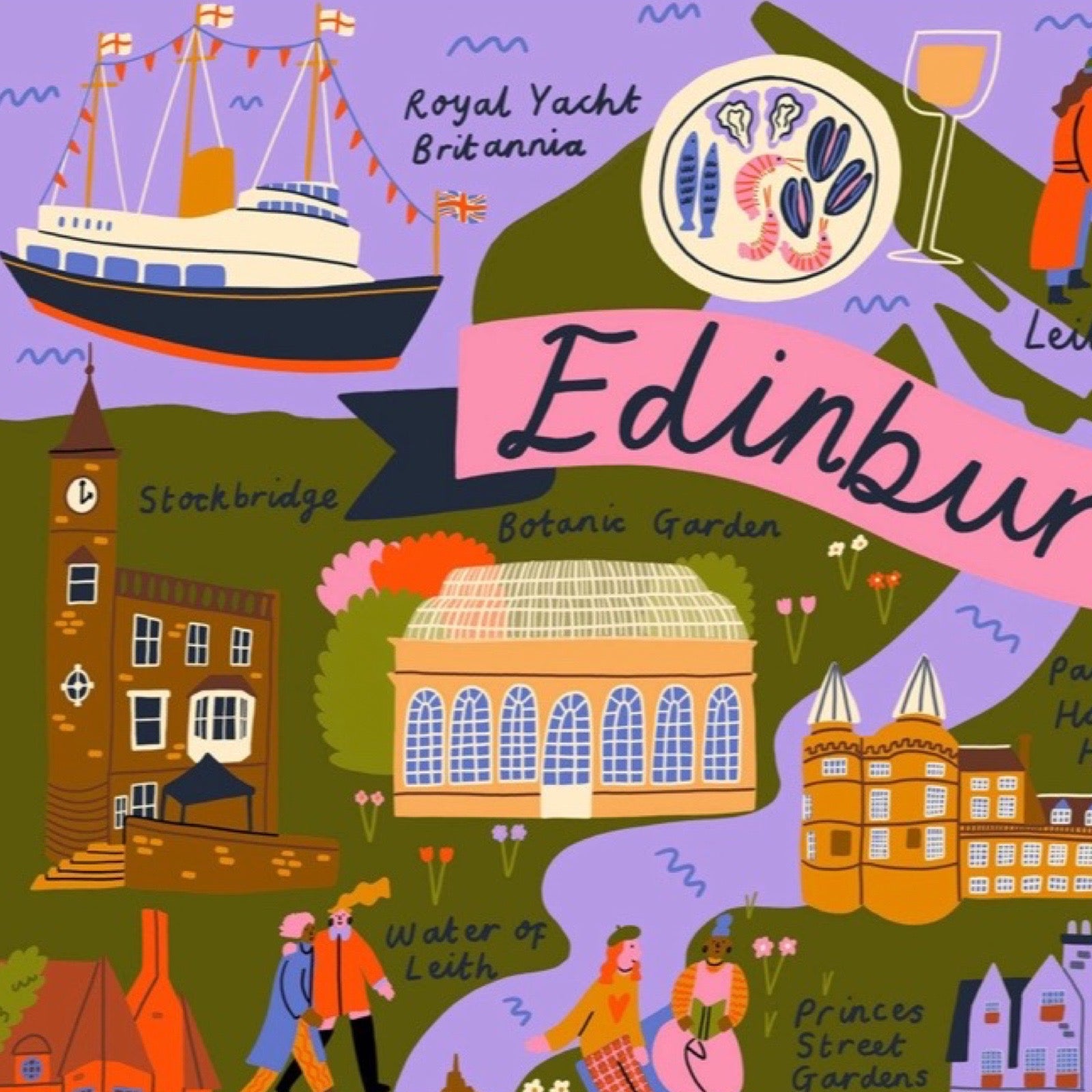 A colourful illustrated map-style poster of Edinburgh, with labeled landmarks and attractions including Royal Yacht Britannia, Stockbridge, Botanic Garden, Water of Leith, and Princes Street Gardens. The design uses playful line art and bright hues on a lavender background.