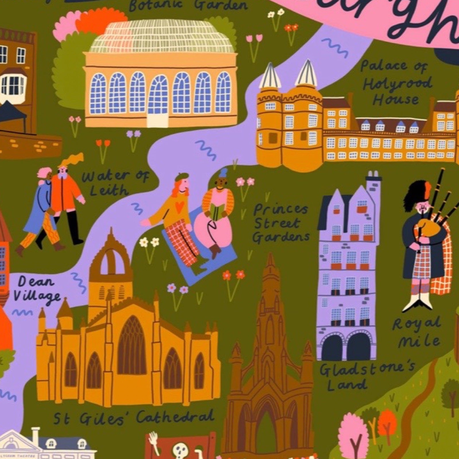 A colourful illustrated map-style graphic showing landmarks and places in Edinburgh, including the Botanic Garden, Palace of Holyrood House, Water of Leith, Princes Street Gardens, Dean Village, St Giles' Cathedral, Gladstone's Land, and Royal Mile, with small cartoon figures and labels on a green background.