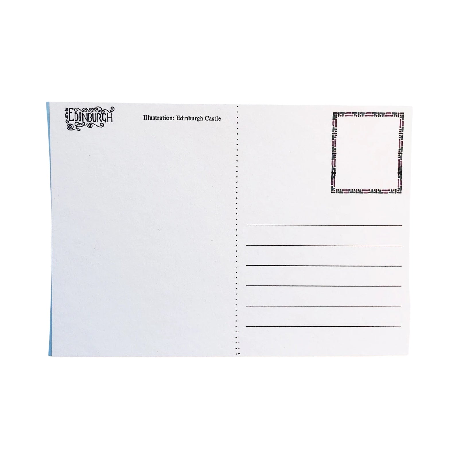 White back of postcard with a black border and text on a white background.