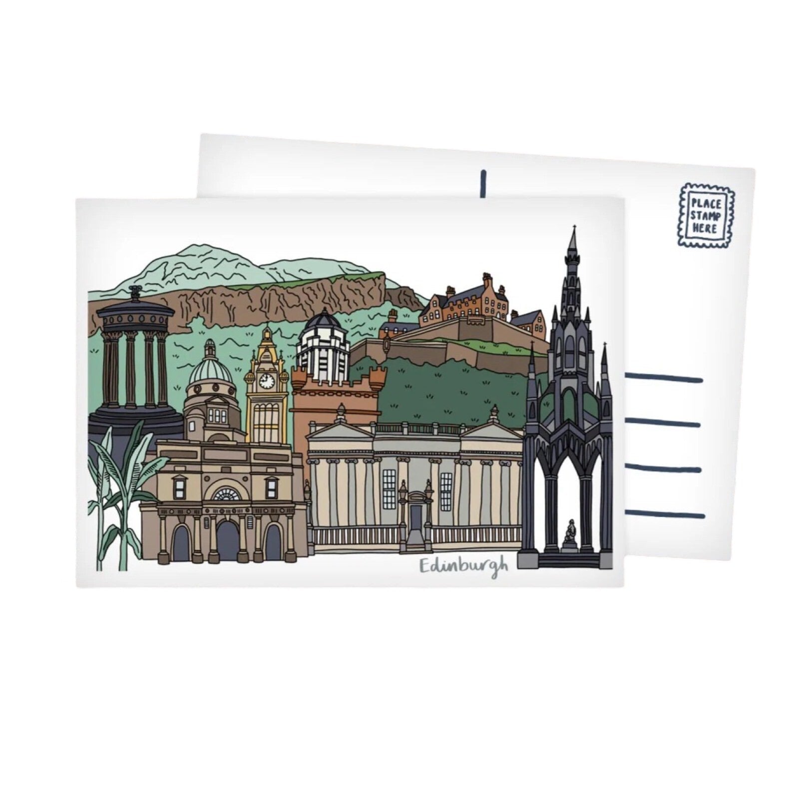 Postcard featuring some of Edinburgh's most famous landmarks, including Arthur's Seat, Edinburgh Castle and the Scott Monument, printed onto 300gsm smooth card. 