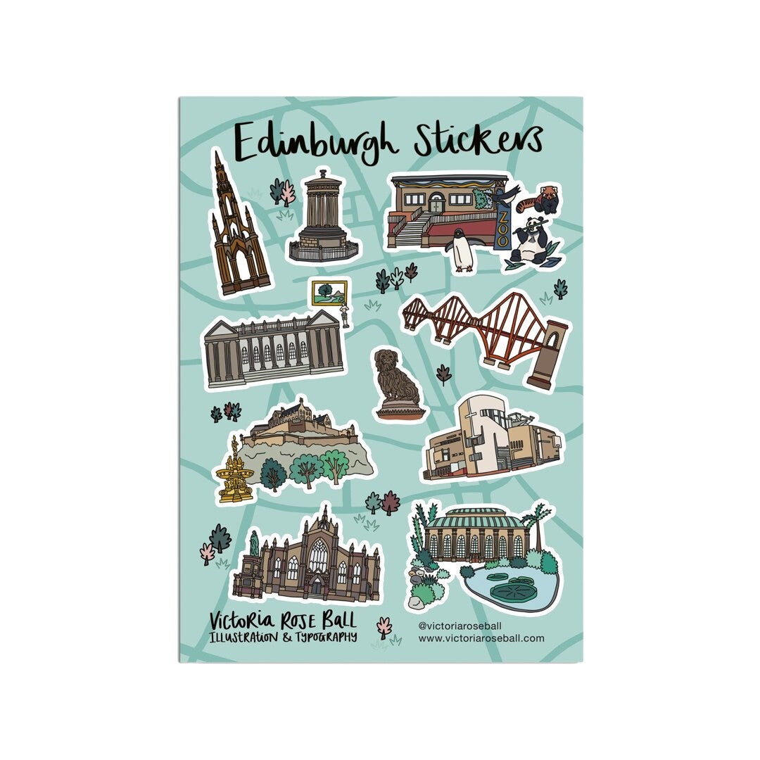 This sticker sheet comes with 10 stickers of Edinburgh landmarks including The Scott Monument, Greyfriars Bobby and Edinburgh Castle.