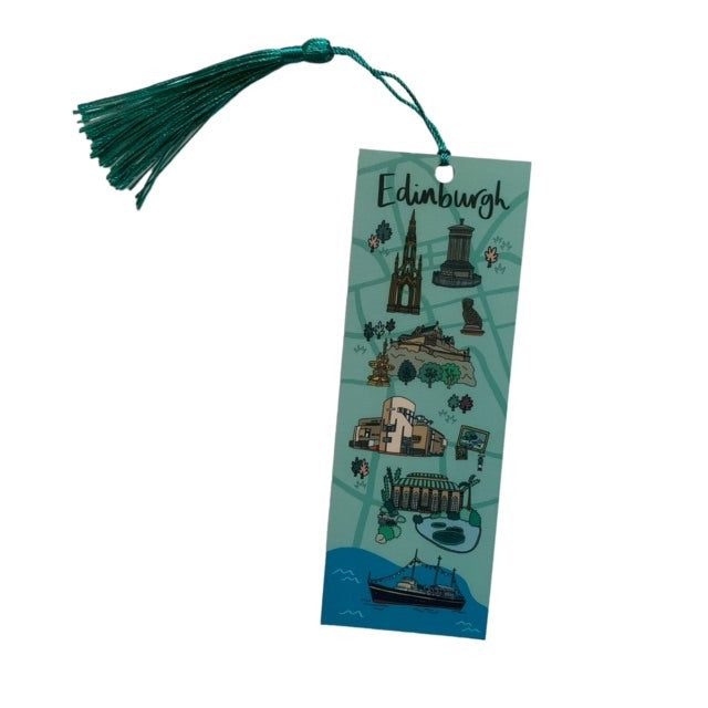 A map-themed bookmark featuring illustrations of Edinburgh's landmarks.