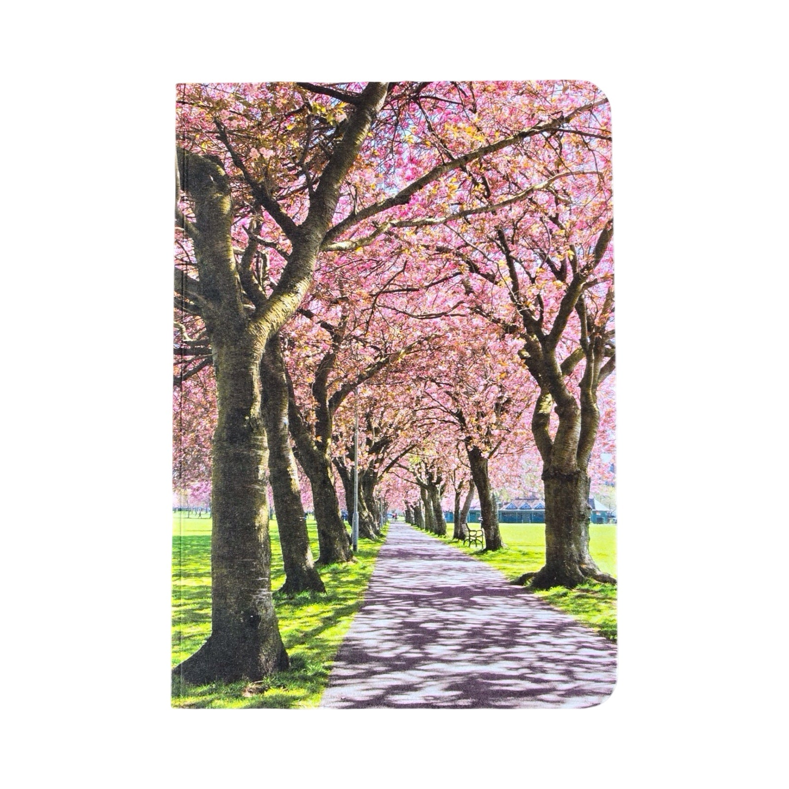 Notebook with cherry blossom tree design on a white background