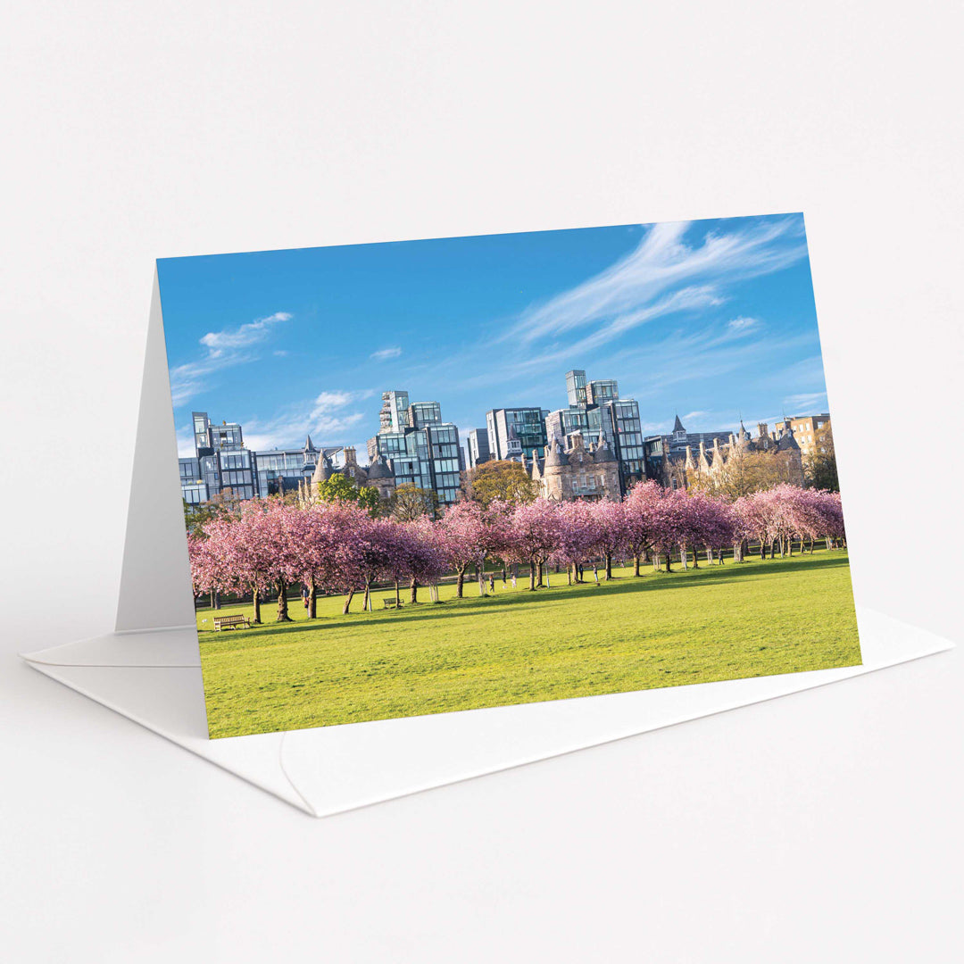 Greeting card with a cityscape and cherry blossom trees on a white background
