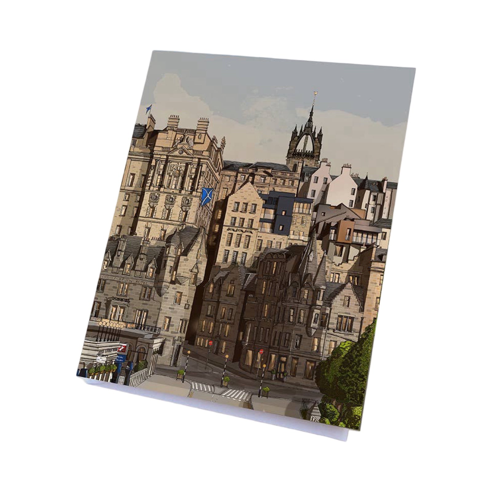A card featuring an illustration of Edinburgh's Old Town from Waverley Bridge.