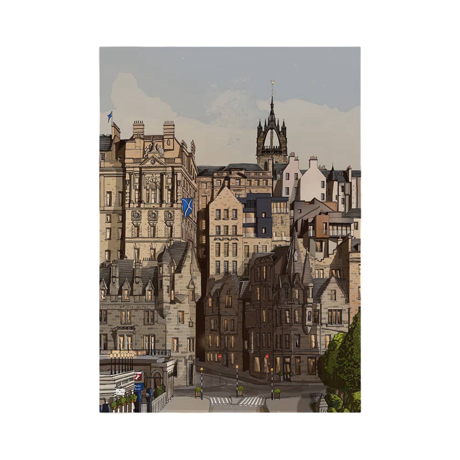 A card featuring an illustration of Edinburgh's Old Town from Waverley Bridge.