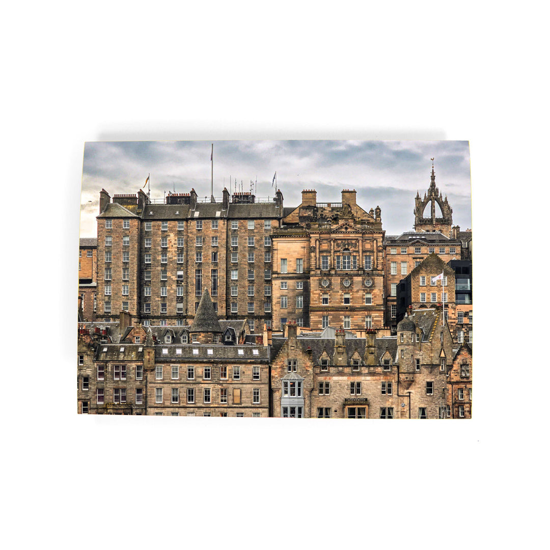 An image of Edinburgh's Old Town on a card against a white background. 