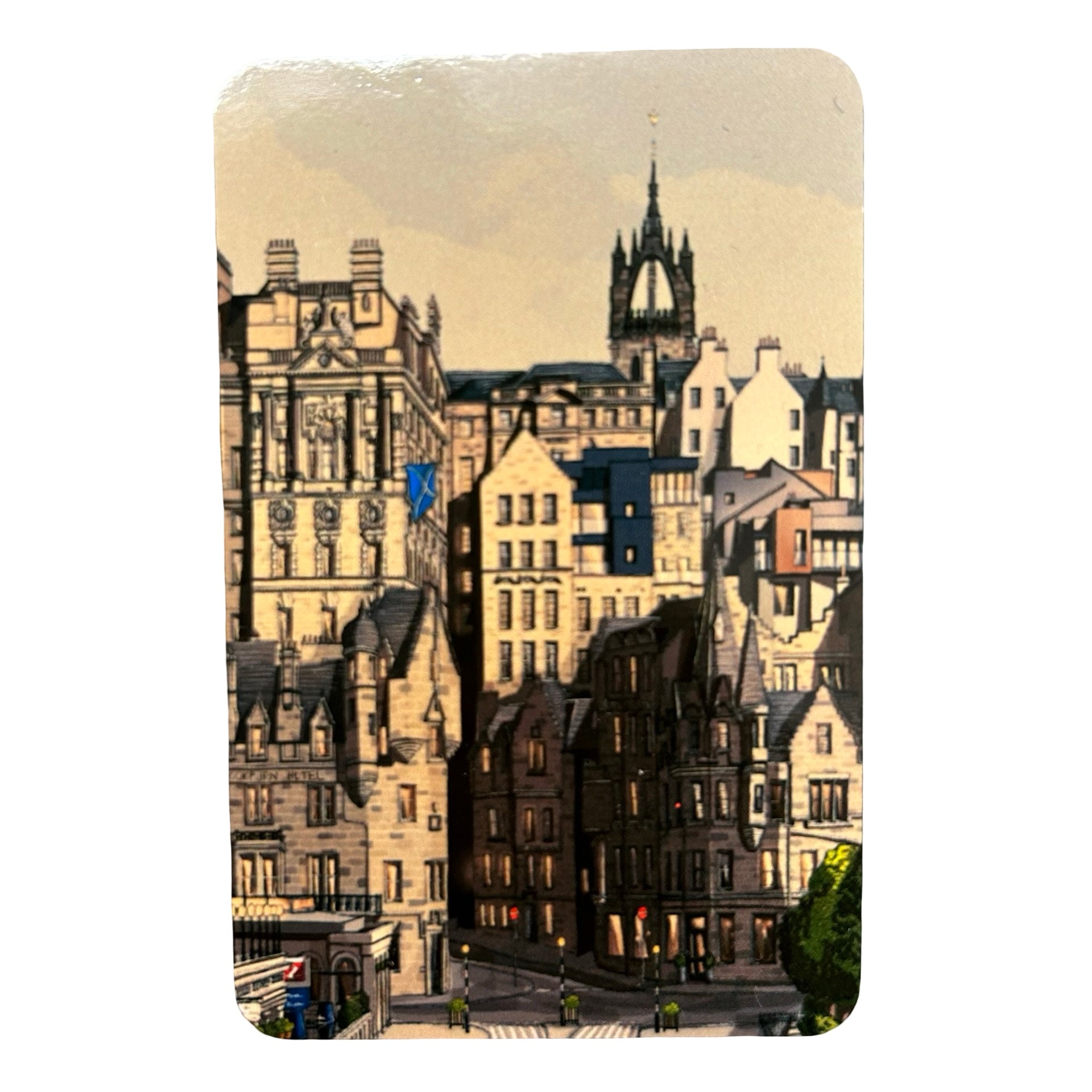 Vintage-style illustration of a cityscape with tall buildings and a clock tower.