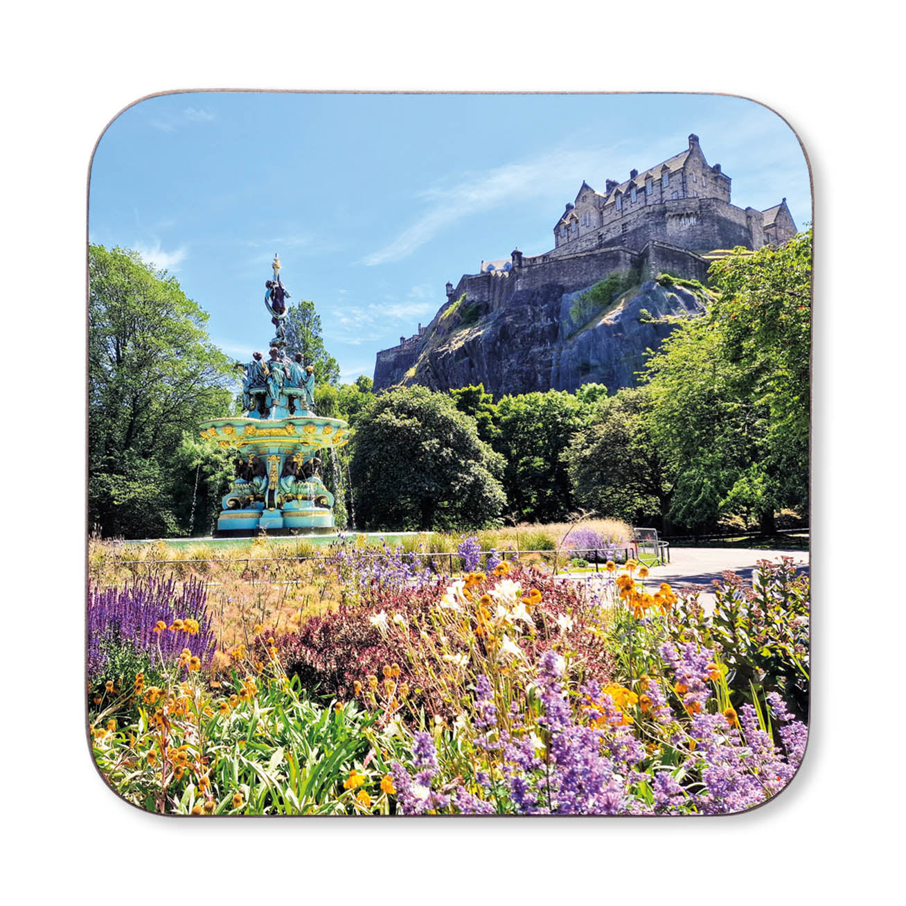 Coaster with a scenic view of Edinburgh Castle and Ross Fountain in a garden setting.