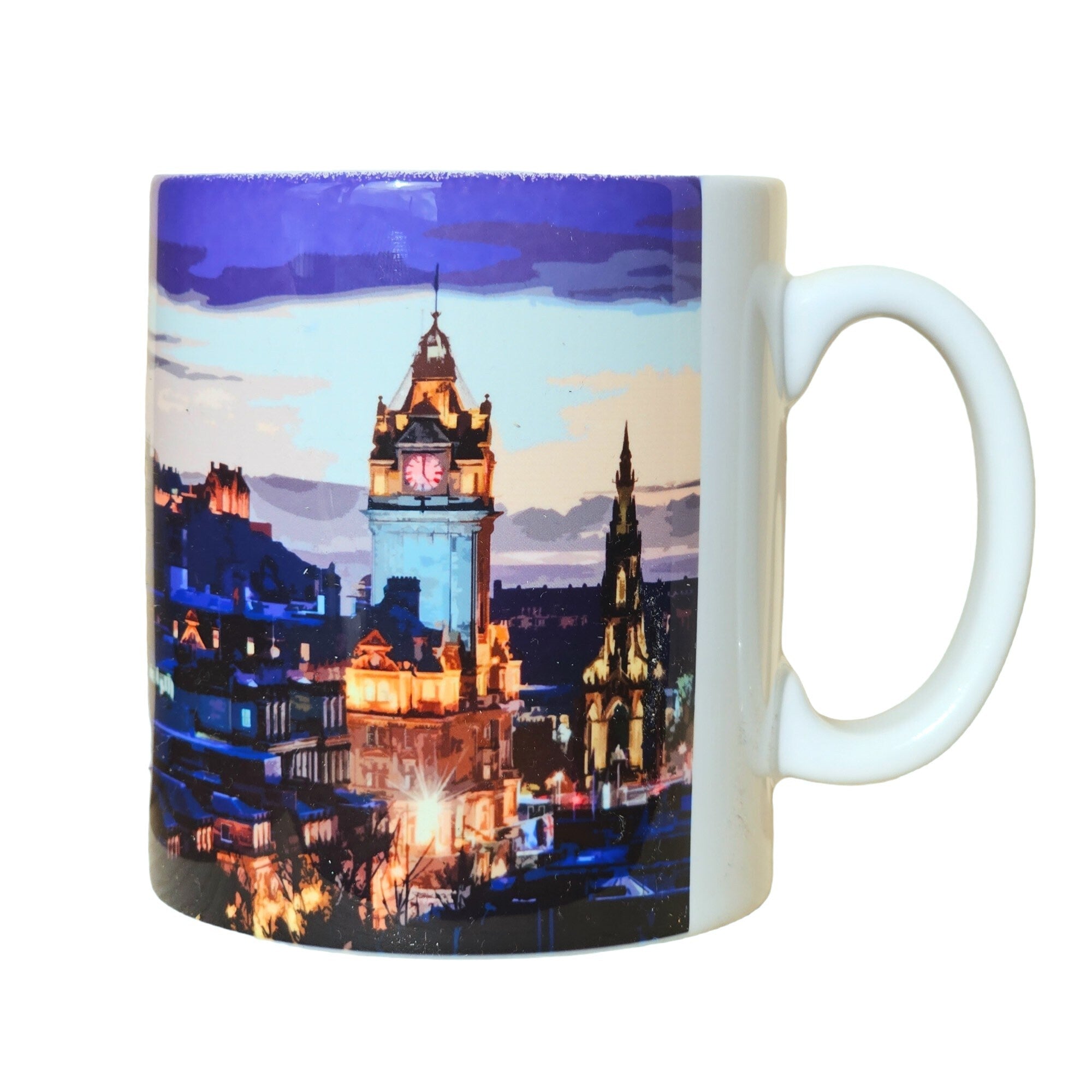 An image of a mug featuring a picture of the Edinburgh Skyline. 