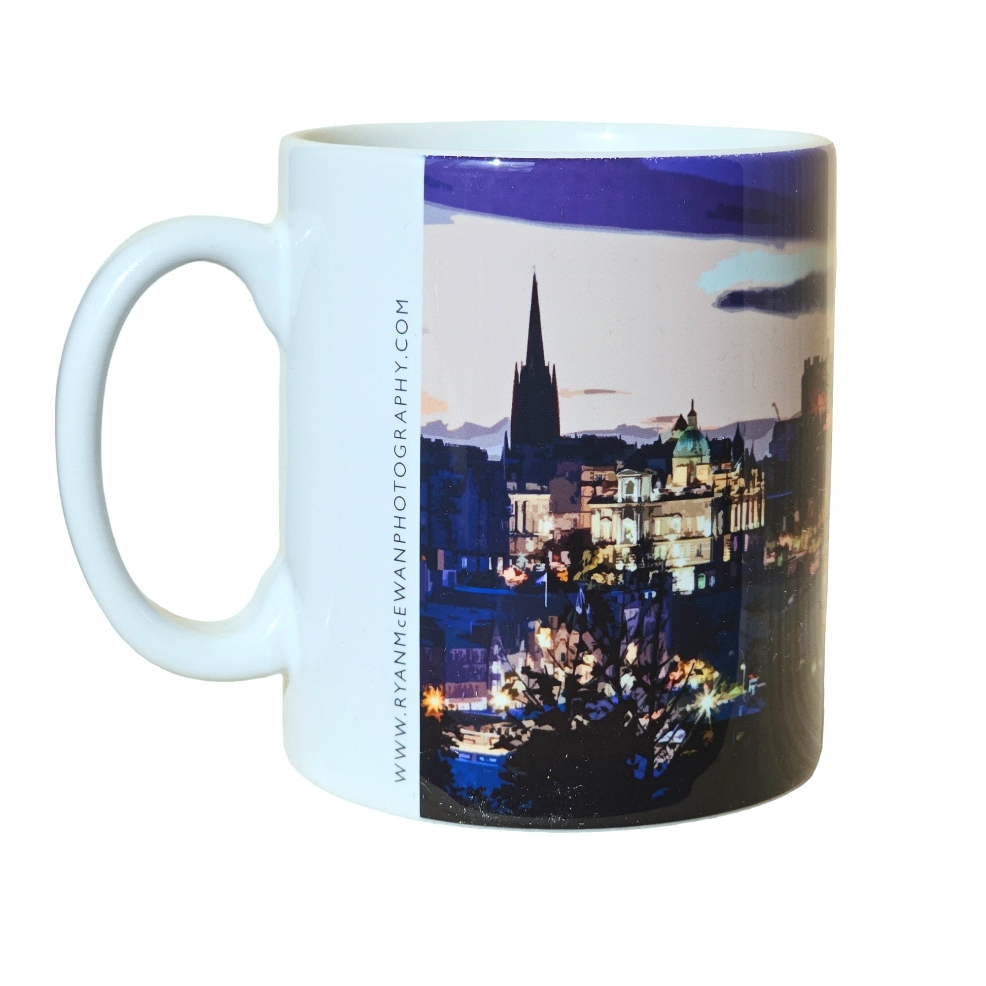 An image of a mug featuring a picture or the Edinburgh Skyline. 