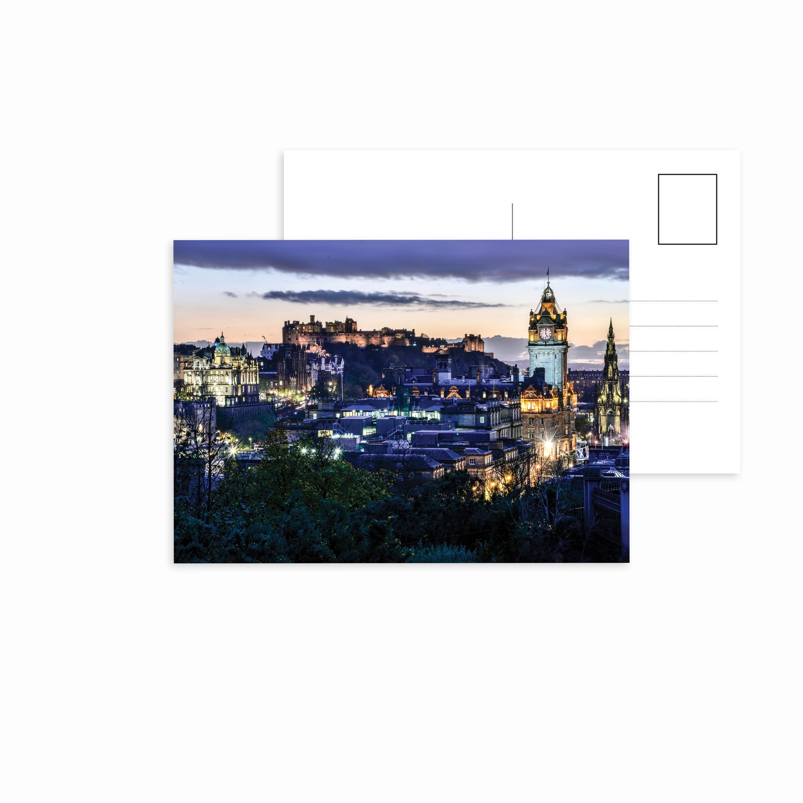 An image of the Edinburgh skyline featuring Edinburgh Castle on a postcard. 