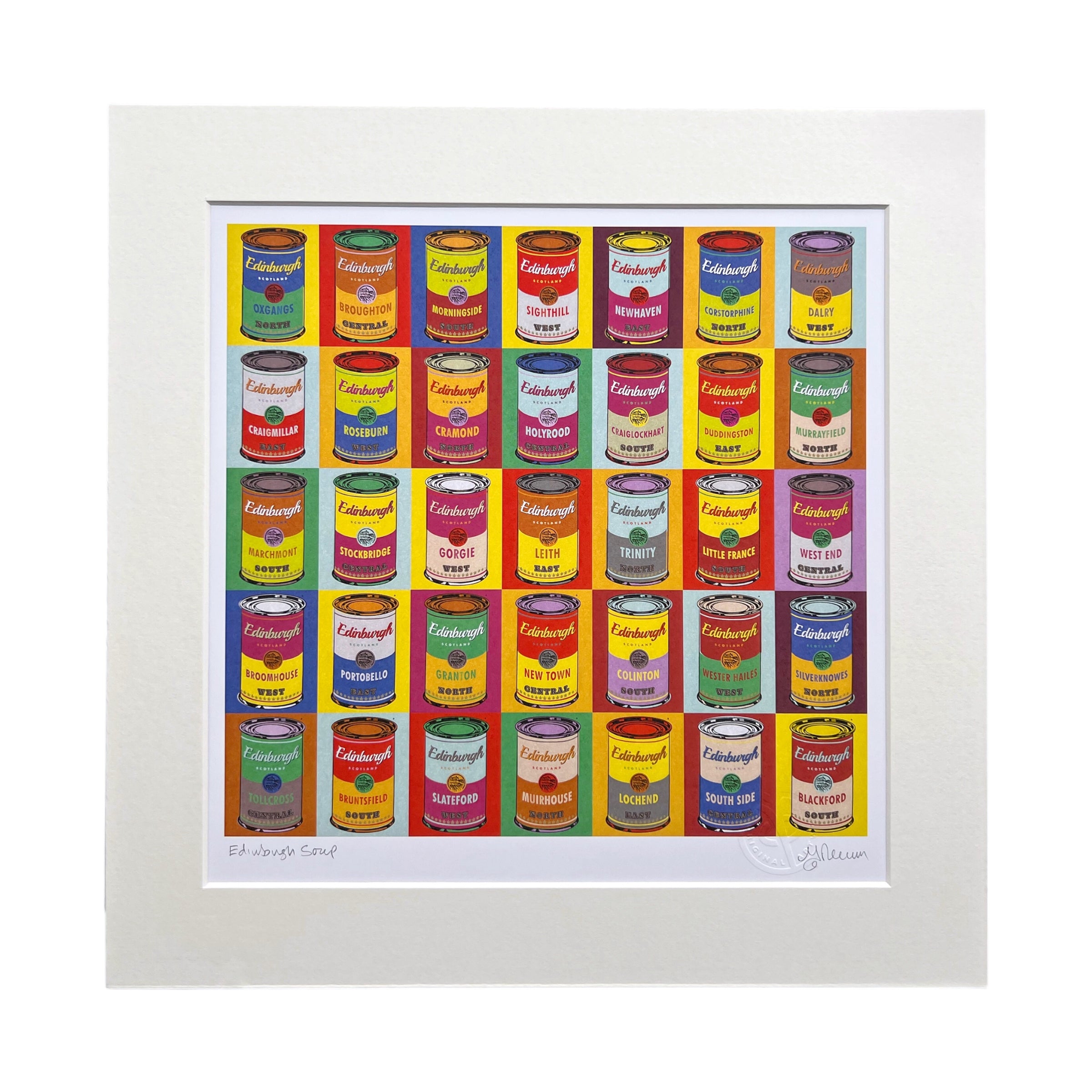 Edinburgh soup print, featuring areas of Edinburgh from Gorgie to Leith named on Andy Warhol-inspired soup cans, mounted in an off-white mount.