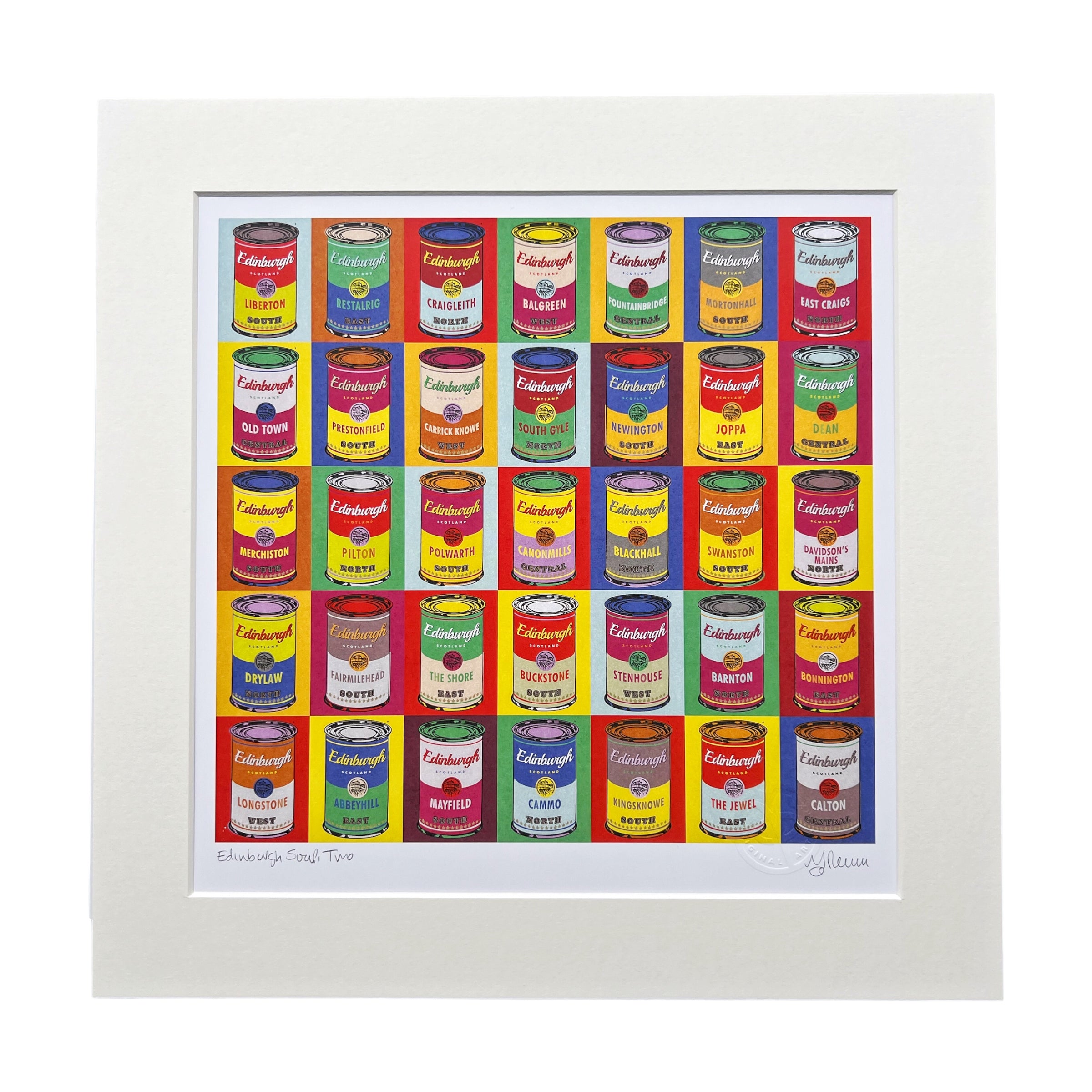 Edinburgh soup print, featuring areas of Edinburgh named on Andy Warhol-inspired soup cans, mounted in an off-white mount