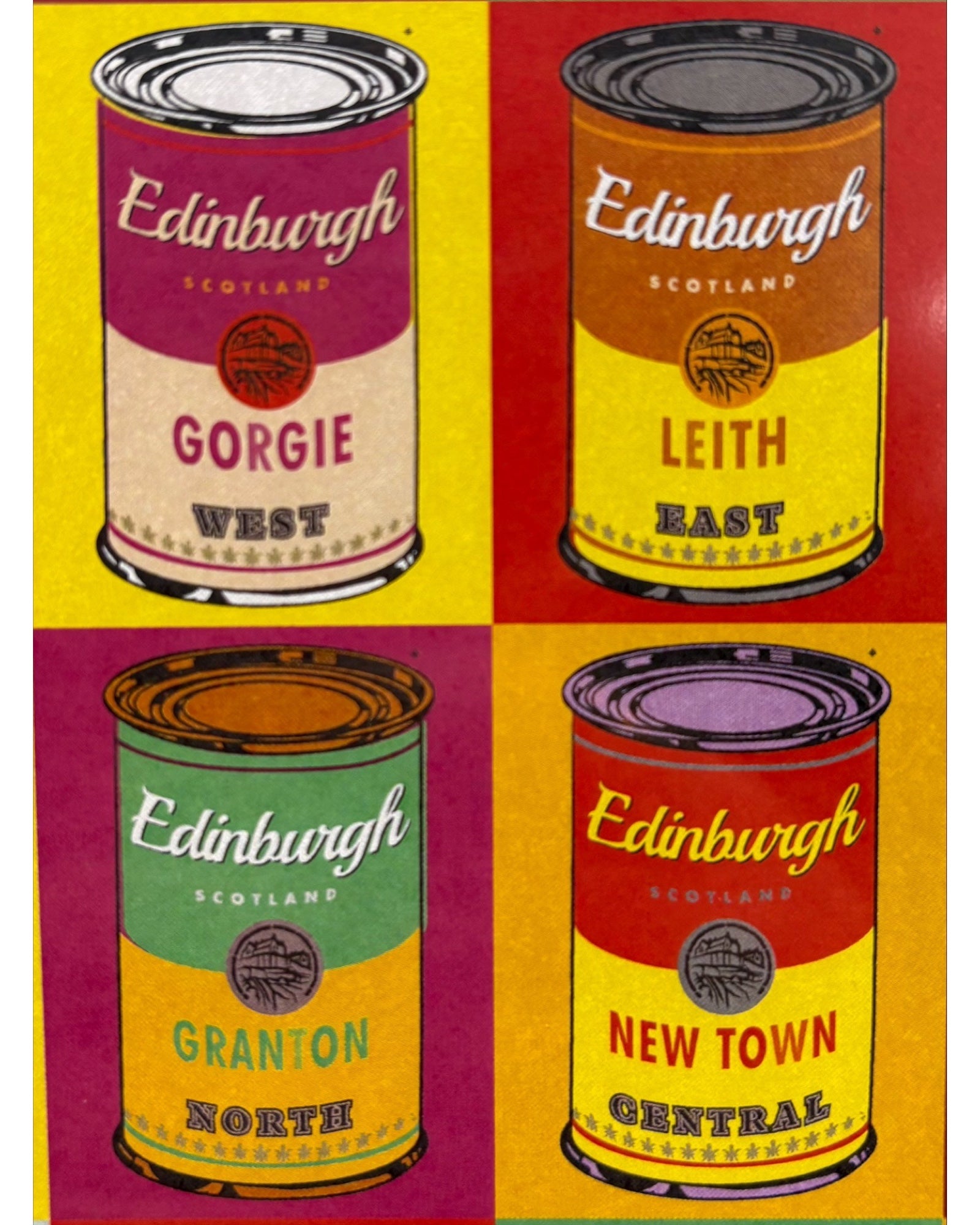 4 Andy Warhol inspired soup cans with the Gorgie, Leith, Granton and New Town areas of Edinburgh on the cans.