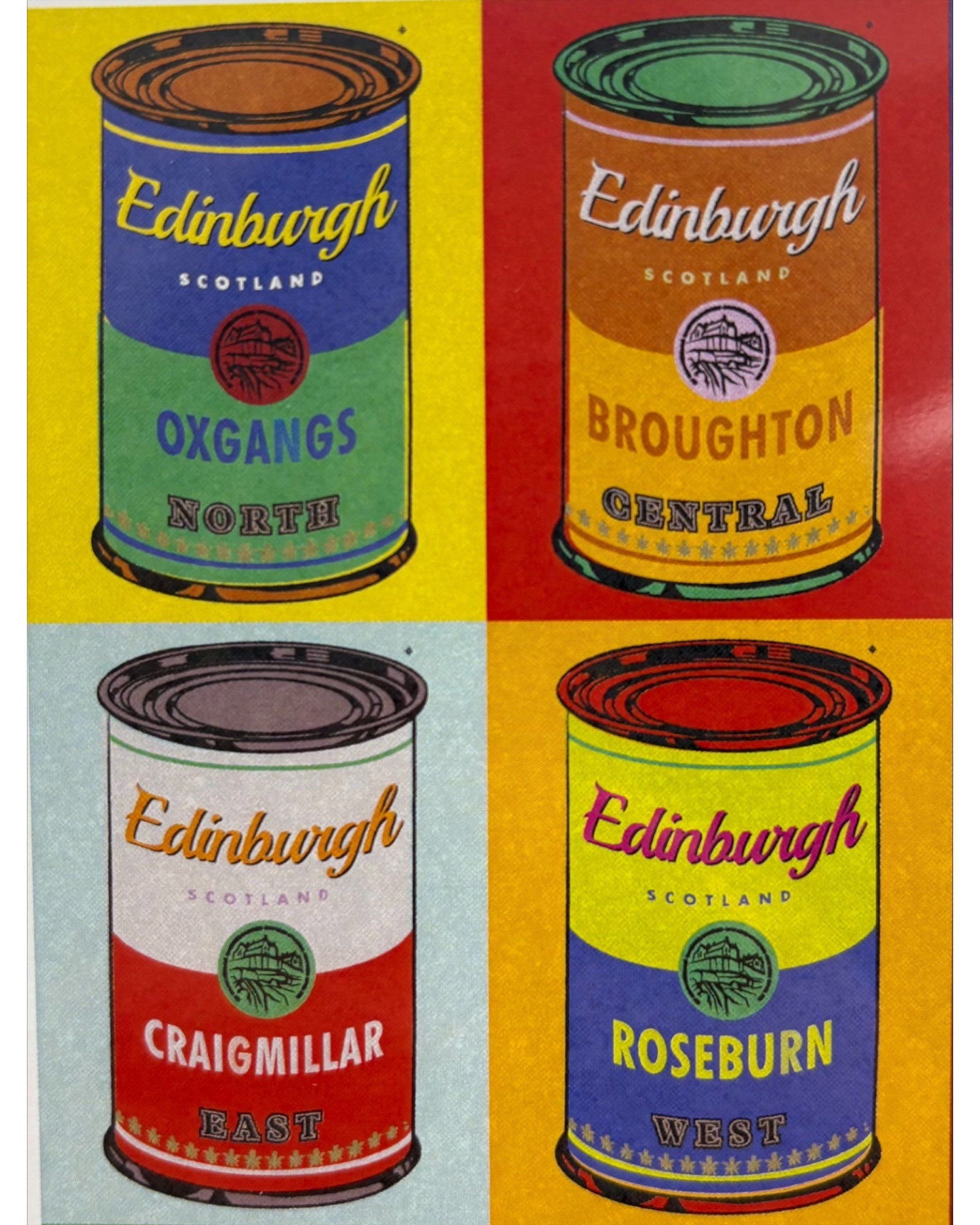 4 Andy Warhol inspired soup cans with the Oxgangs, Broughton, Craigmillar and Roseburn areas of Edinburgh on the cans.