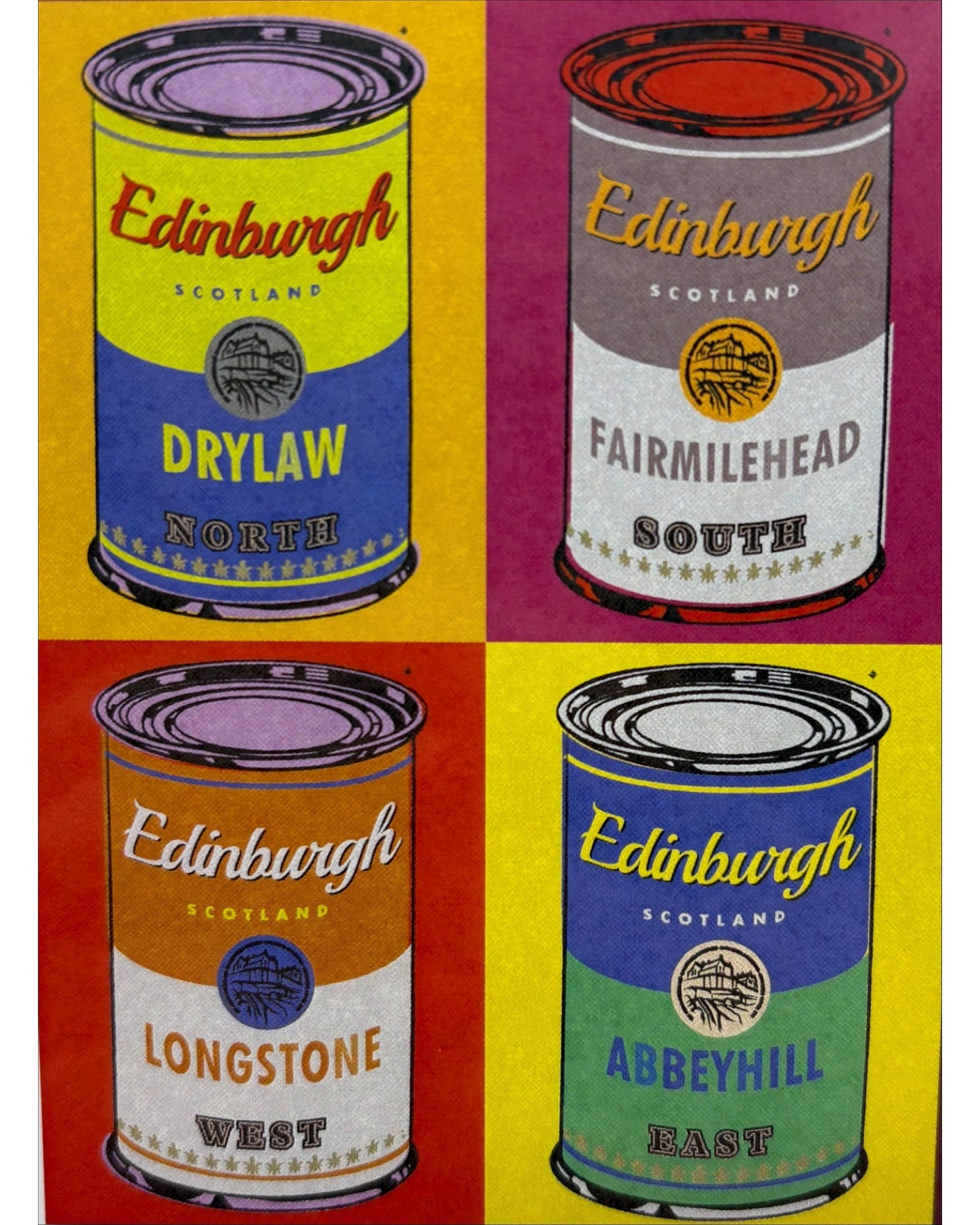 4 Andy Warhol inspired soup cans with the Drylaw, Fairmilehead, Longstone and Abbeyhill areas of Edinburgh on the cans.