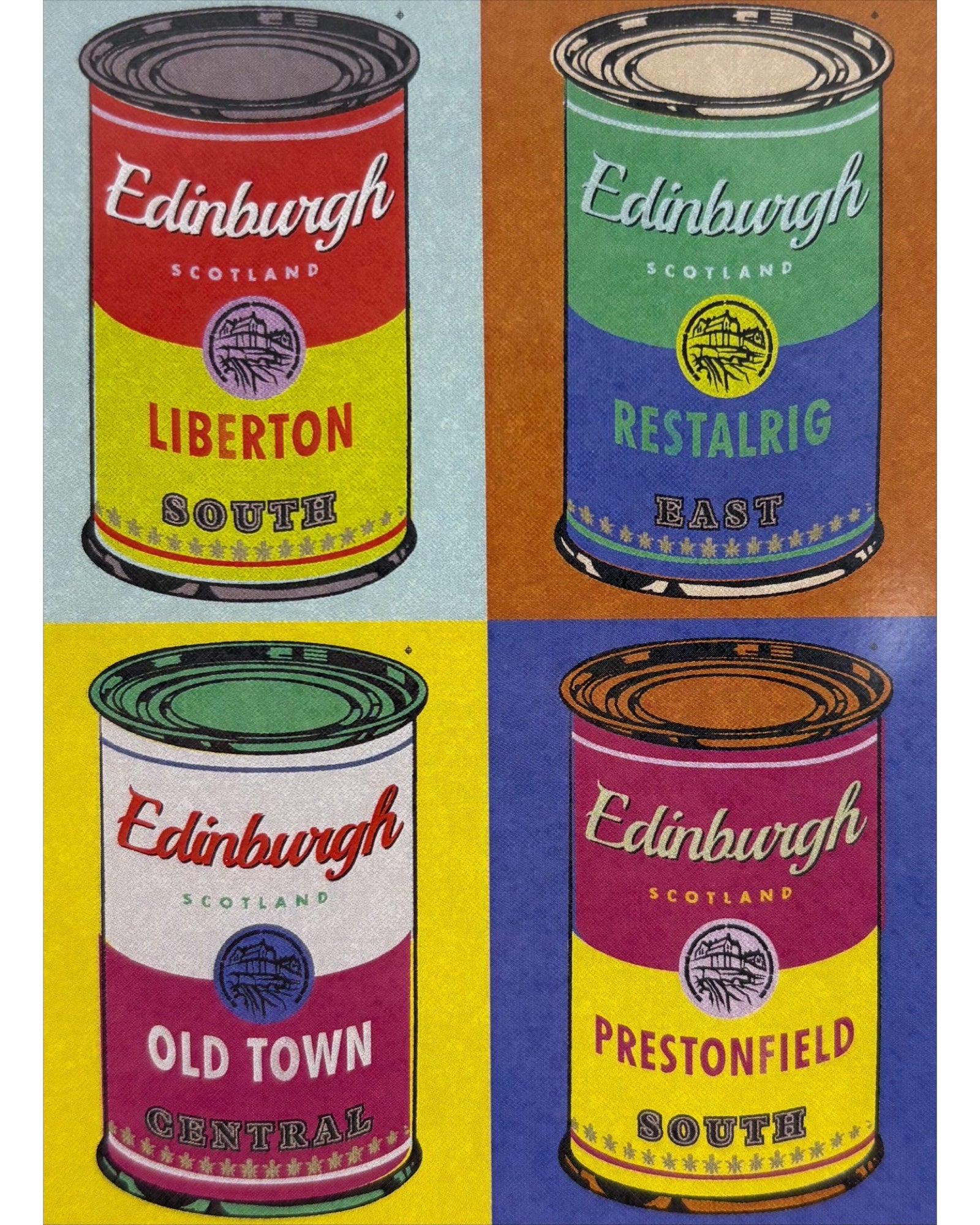 4 Andy Warhol inspired soup cans with the Liberton, Restalrig, Old Town and Prestonfield areas of Edinburgh on the cans.