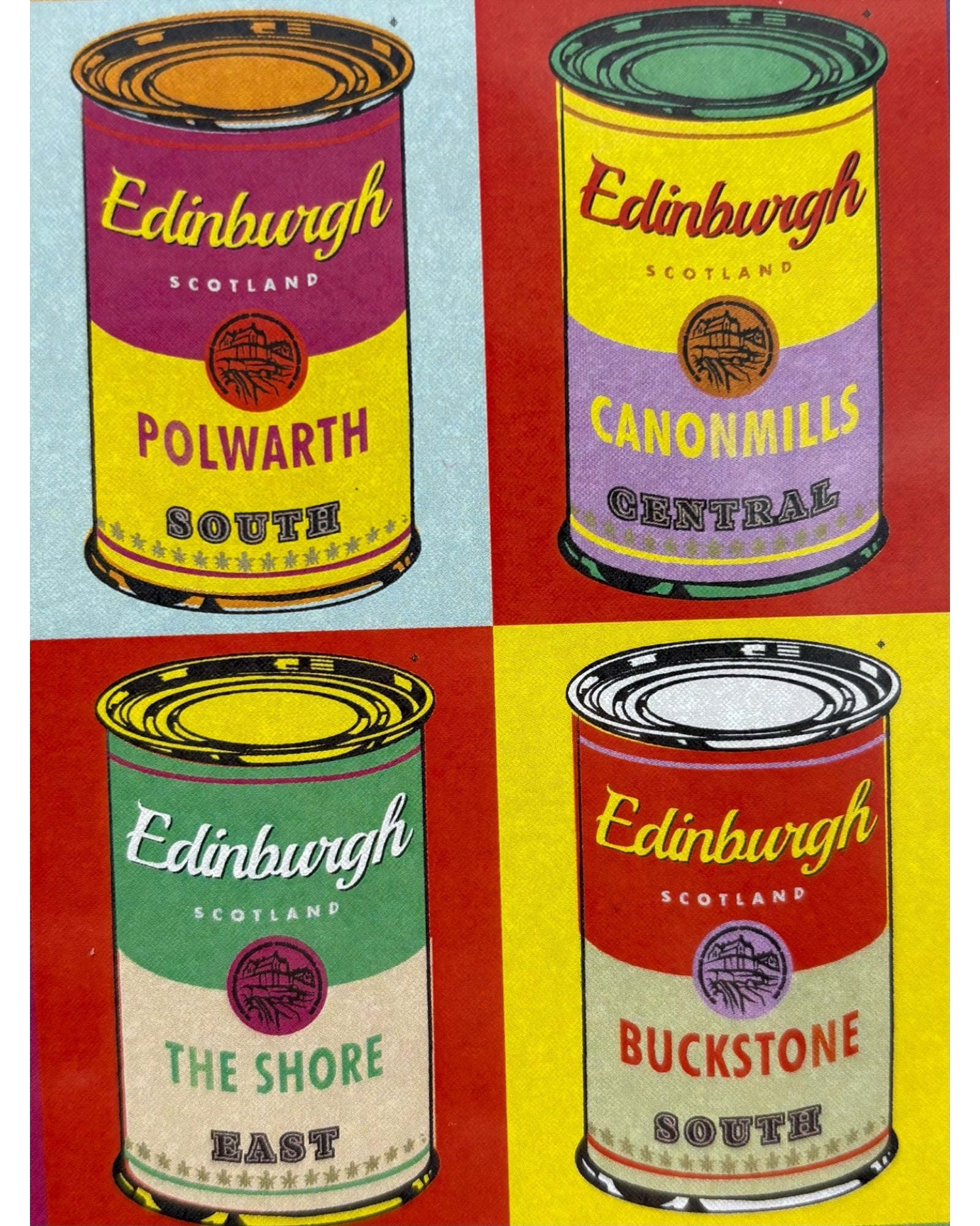 4 Andy Warhol inspired soup cans with the Polwarth, Canonmills, The Shore and Buckstone areas of Edinburgh on the cans.