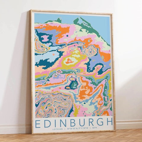 Colourful topography map print of the City of Edinburgh.