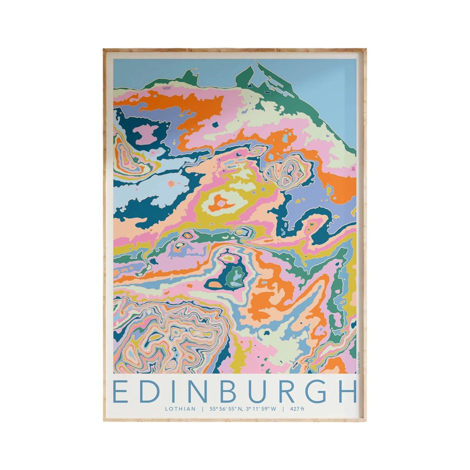 Colourful topography map print of the City of Edinburgh.