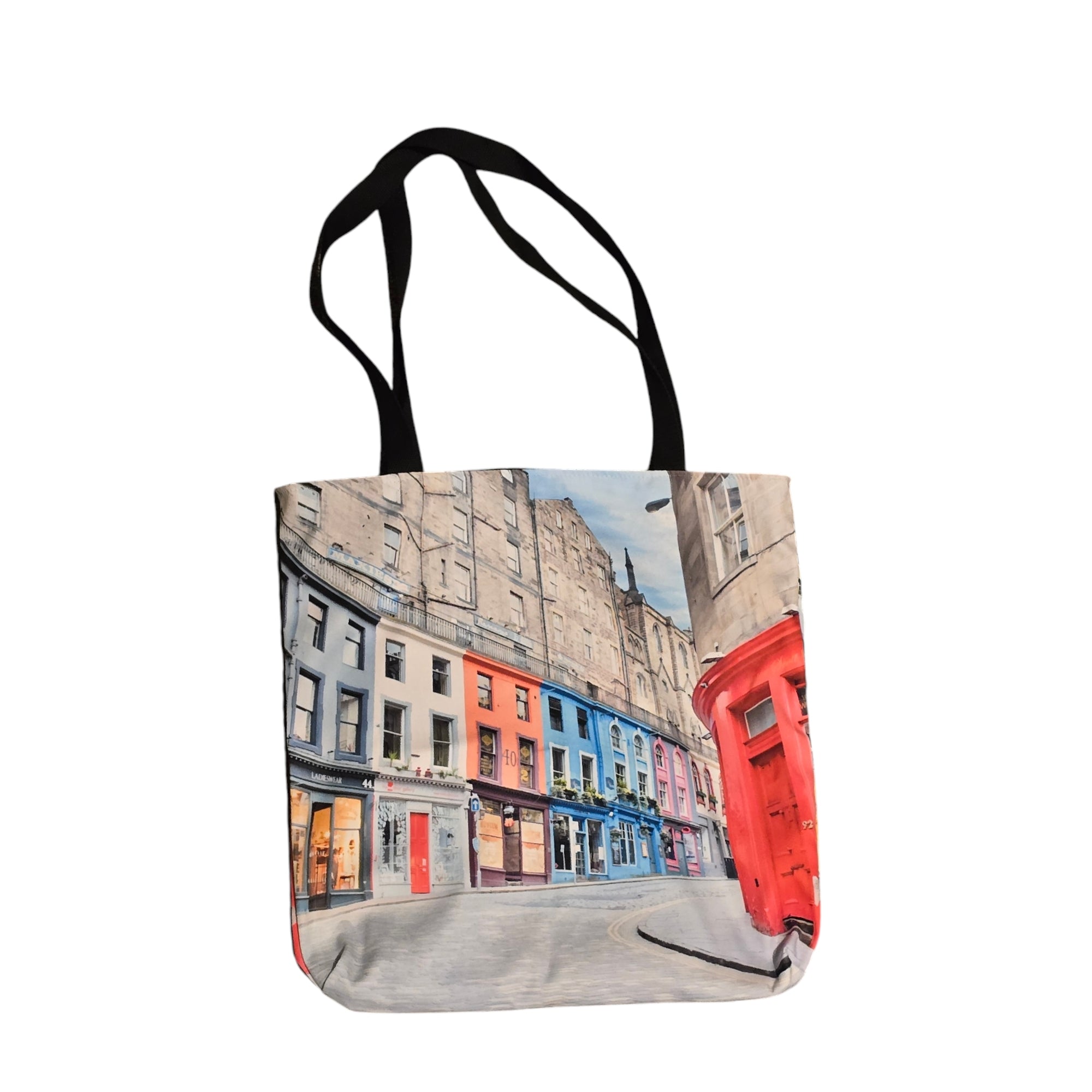 A tote bag with a picture of Victoria Street Edinburgh on it. 