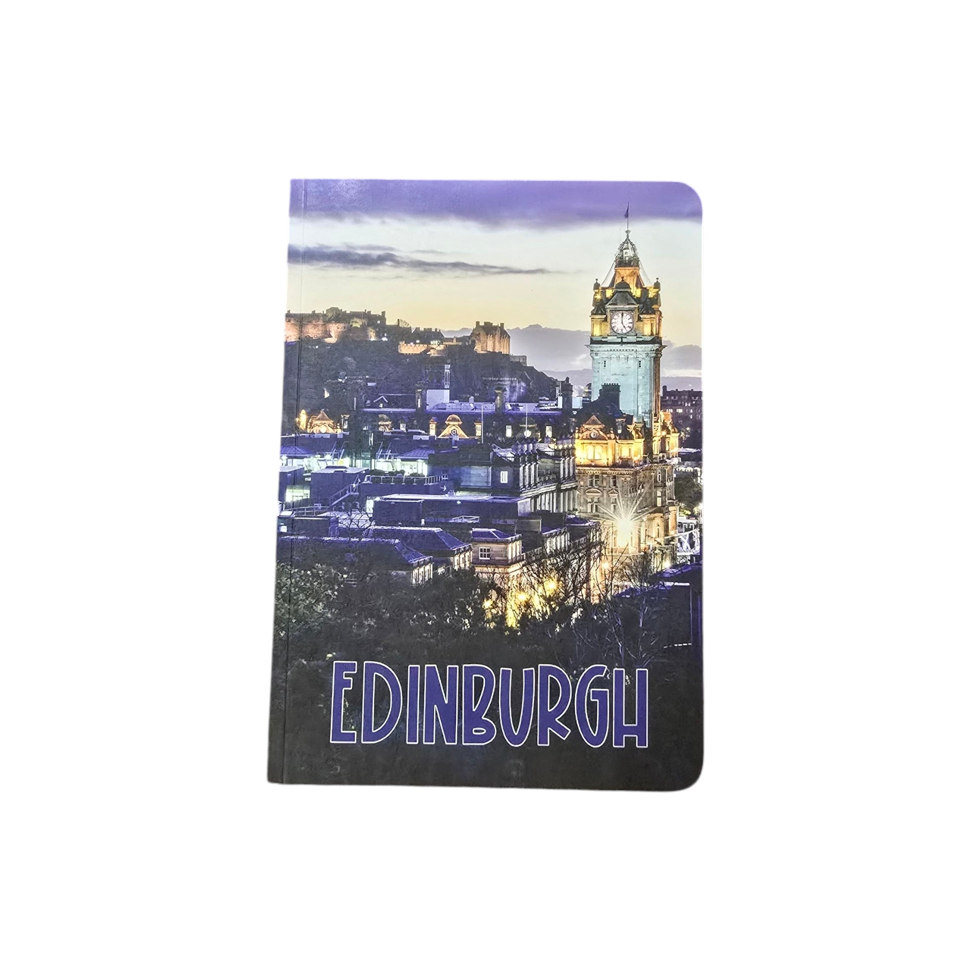 An A5 notebook with a photograph of the Edinburgh skyline on the cover, labeled 'EDINBURGH' at the bottom.