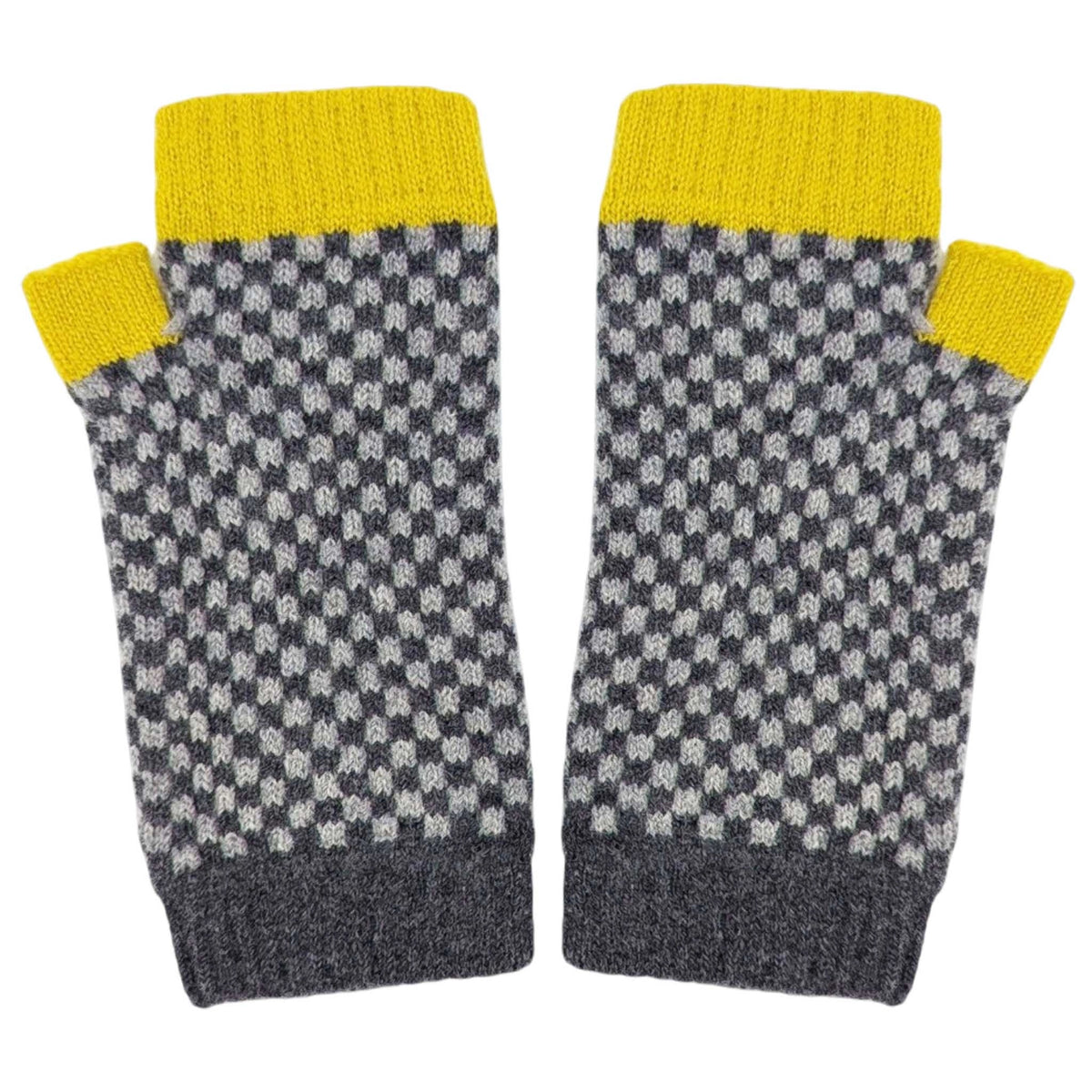 Grey and Yellow Check Lambswool Wrist Warmers