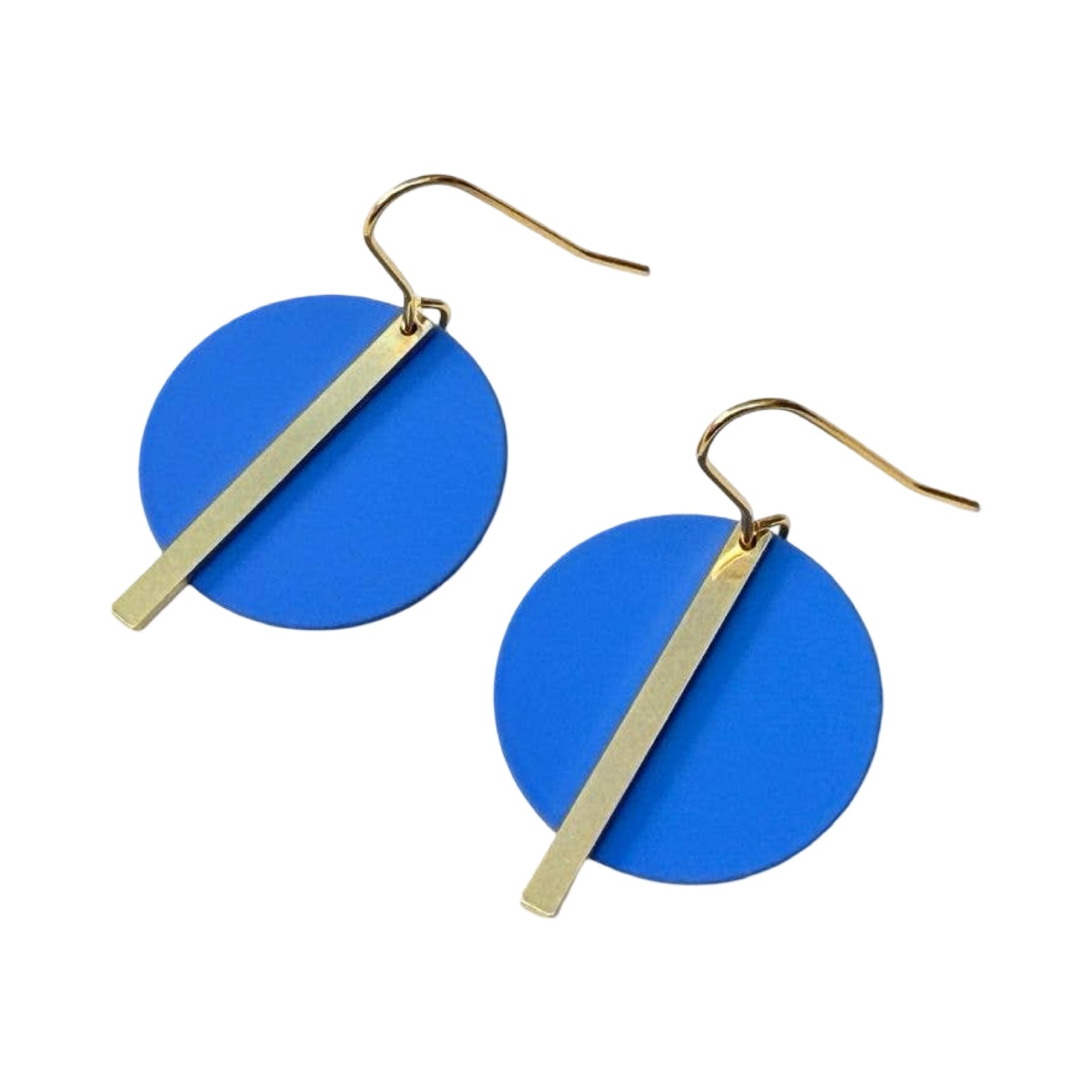 Blue circular earrings with gold bars on a white background.